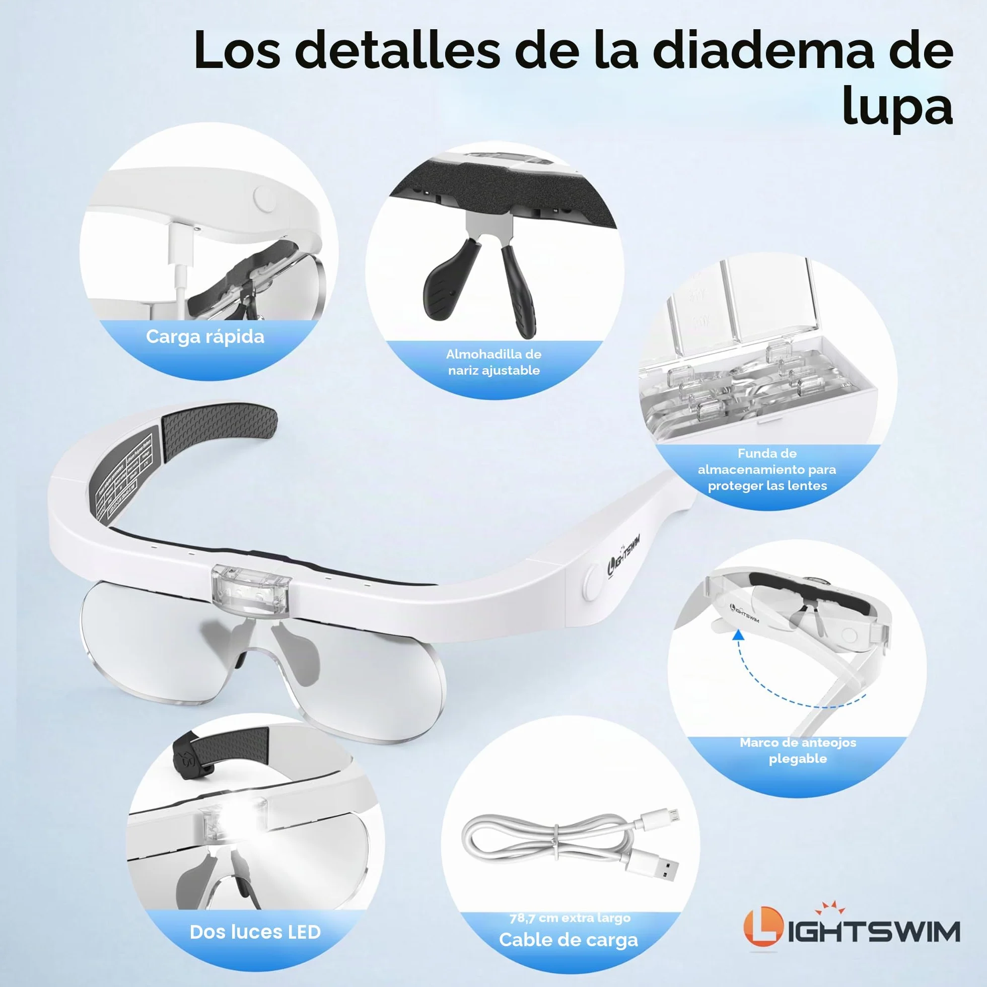 Lupa de cabeza LED, lupa recargable con diadema manos libres con 4 lentes desmontables, gafas de 1.5X-5.0X para trabajos cercanos, manualidades, joyería, lectura