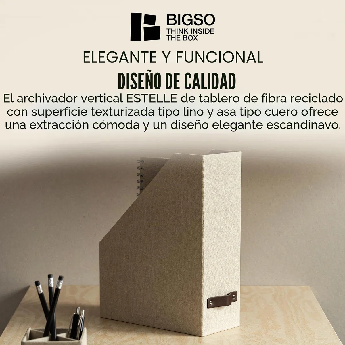 Bigso Box of Sweden Archivador vertical para periódicos, revistas o actas – Práctica caja clasificadora de tablero de fibras y papel con aspecto de lino – Revistero archivador rígido y con asa – beige