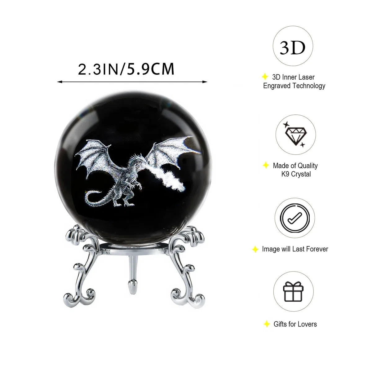 HDCRYSTALGIFTS Bola de cristal de dragón, 2.36 pulgadas (60 mm), bola decorativa de vidrio grabada con láser 3D para cumpleaños, Navidad, figuras de animales de vidrio, regalos de dragón para