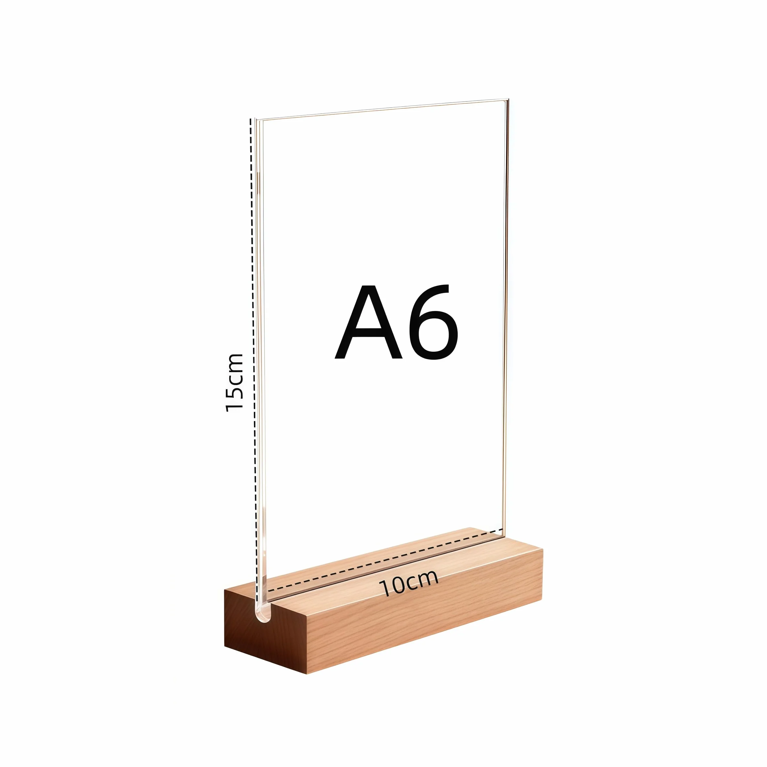 Expositores de mesa A6 transparentes acrílico con base de madera soporte vertical en L doble cara para tarjetas de menú