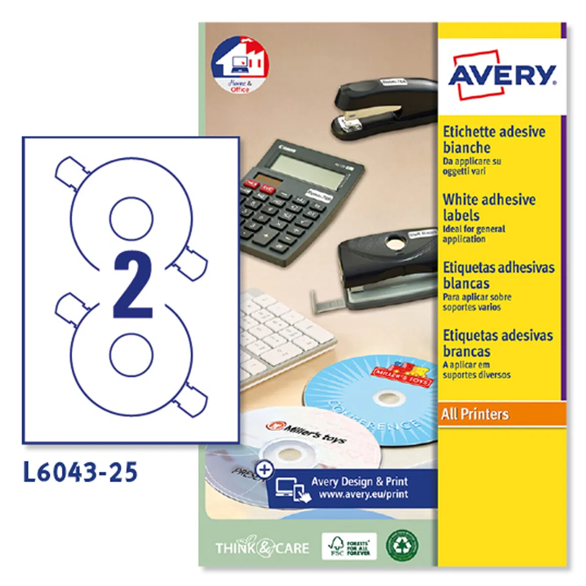 Avery España L6043-25.Caja de 50 etiquetas blanca cubriente para CD. Diam. 117mm