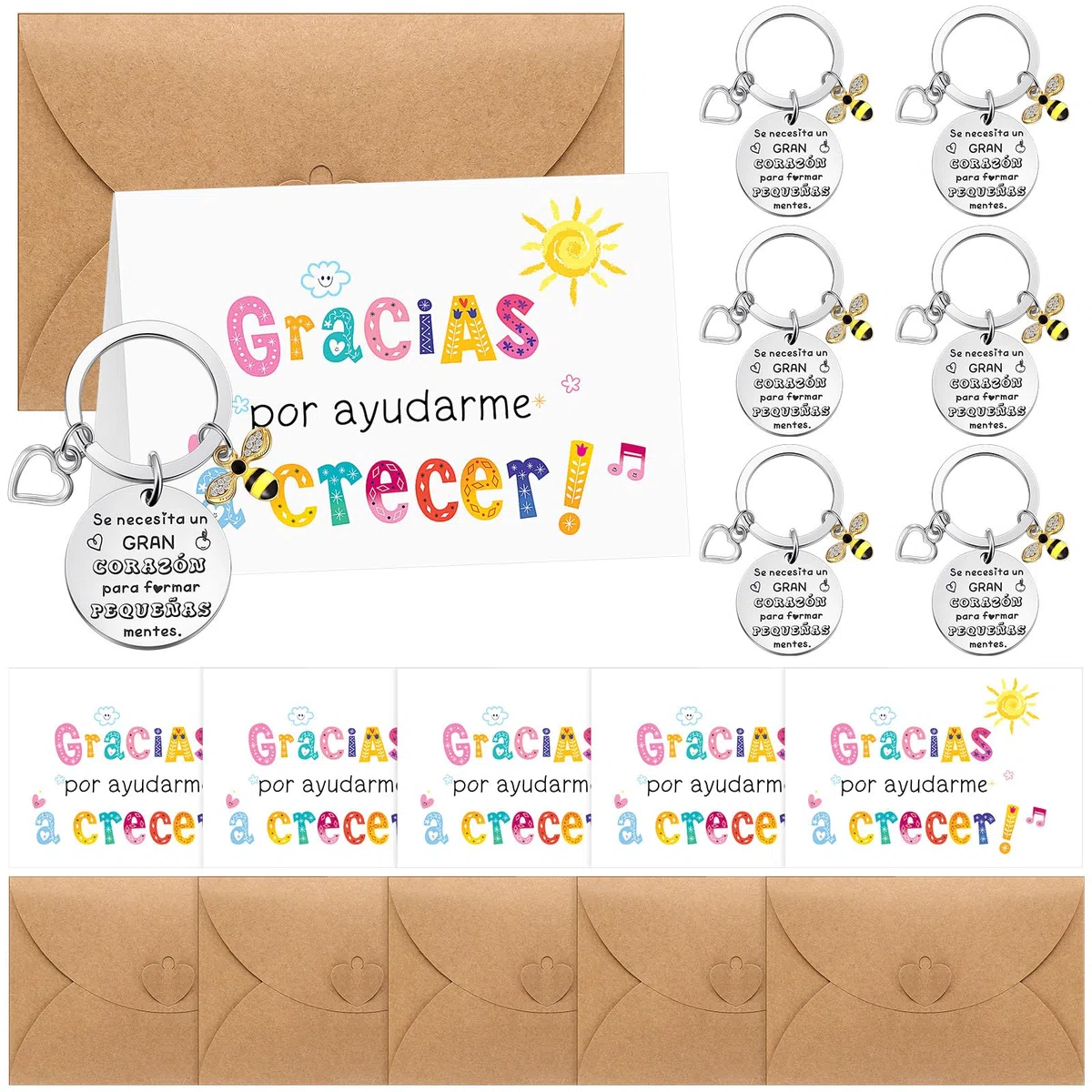 Weewooday Set de Regalo para Profesora 6 Llaveros Grabados de Abeja 6 Tarjetas de Felicitación de Gracias por Ayudarme a Crecer 6 Sobres para Maestros por el Día del Profesor Graduación Cumpleaños