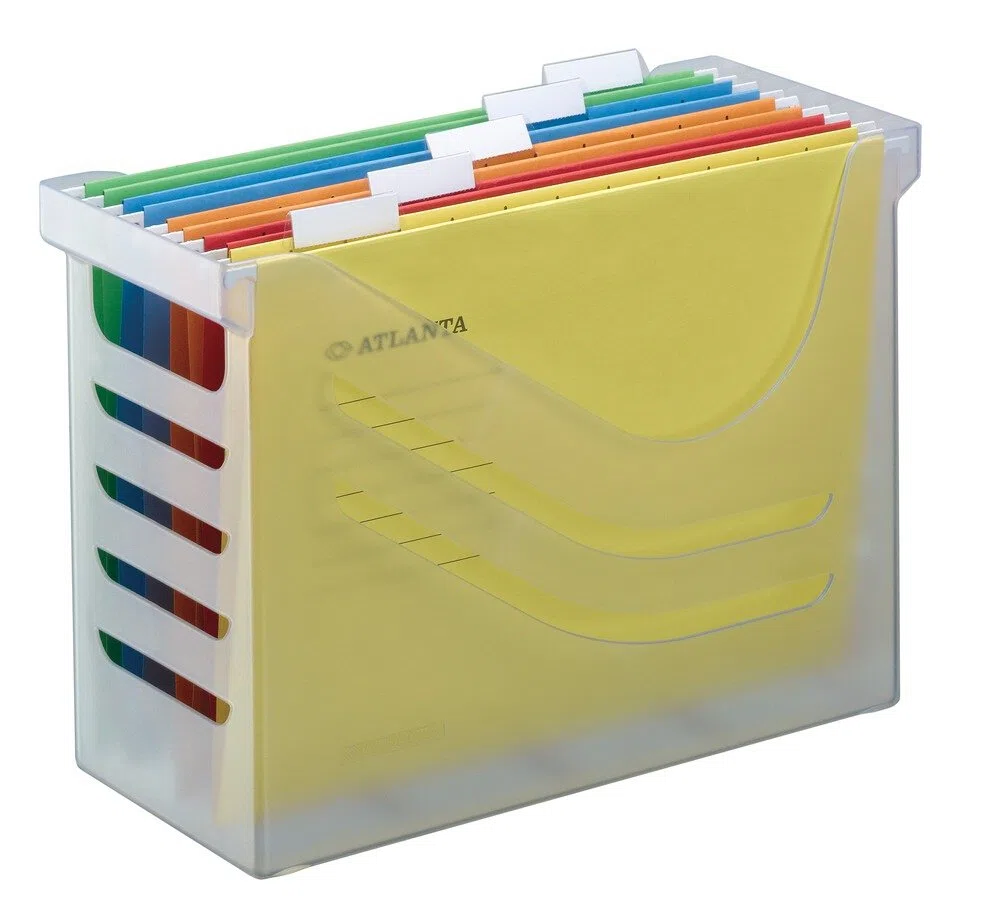 Djois, Silky Touch 2658026000 – Caja para Carpetas Colgantes A4 Transparente con 5 Carpetas Euroflex Incluidas, Capacidad para 15 Carpetas, Organizador de Archivos