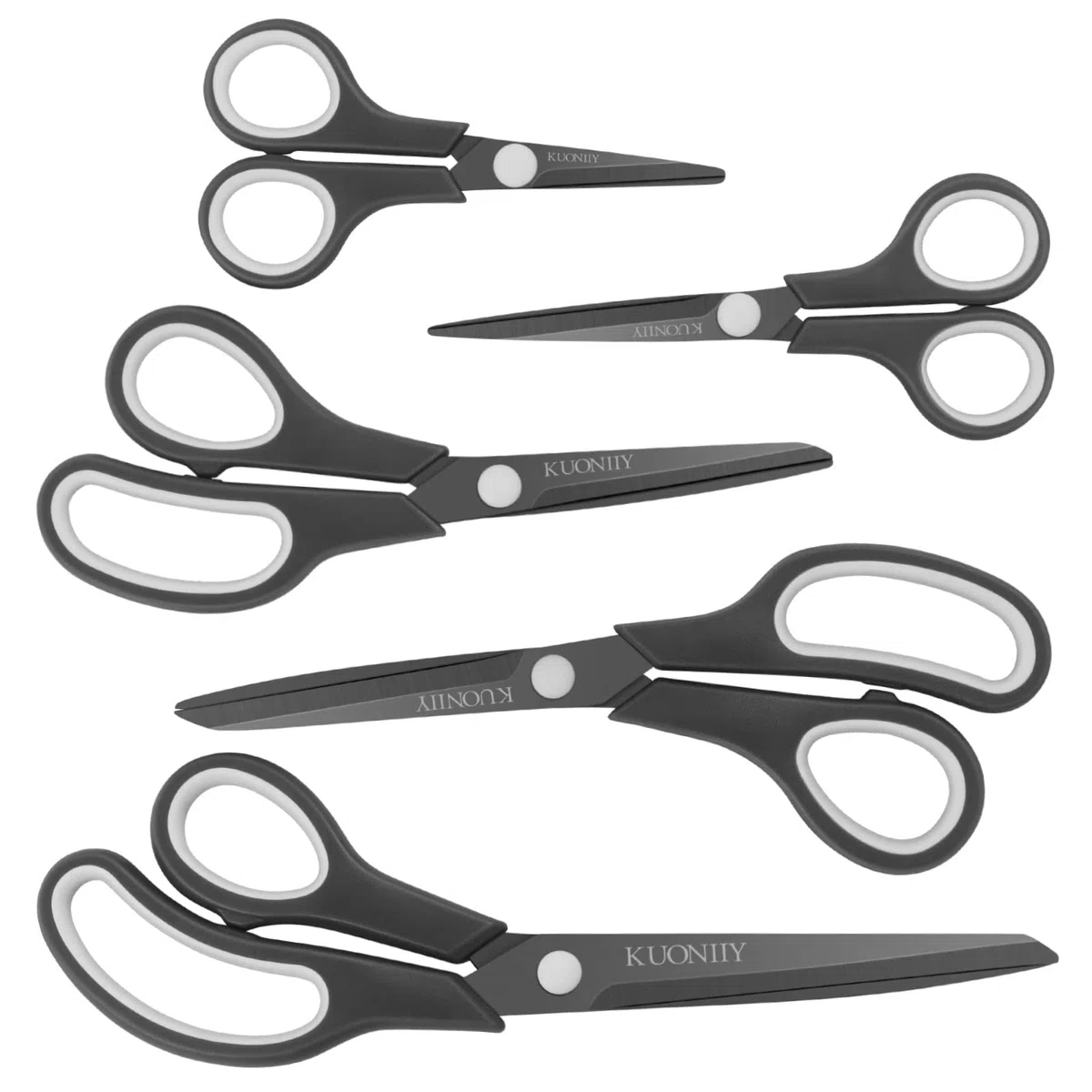 KUONIIY Tijeras, Hoja Recubierta de Titanio Súper Afilada, Conjunto de 5 Tijeras Multiusos con Mango Suave y Cómodo, Negro