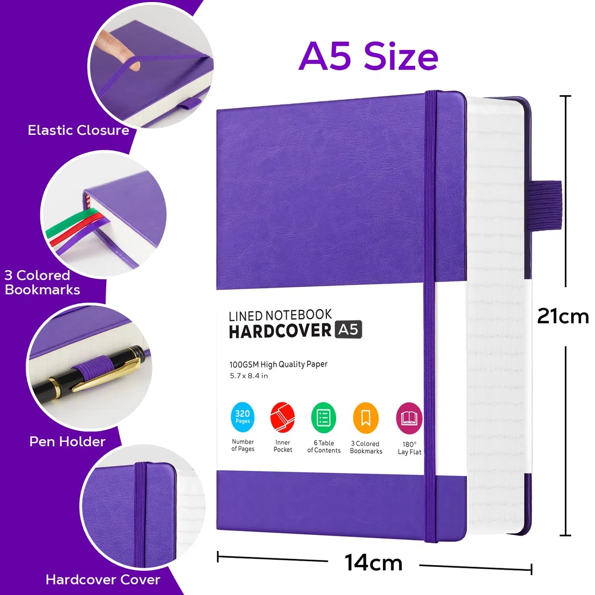 FOCUS DAY Cuaderno A5 rayado, diario de cuero, tapa dura, 320 páginas, grueso bloc de notas para adultos, trabajo, escritura, notas, aprendizaje, viajes, 14 x 21 cm, lila.