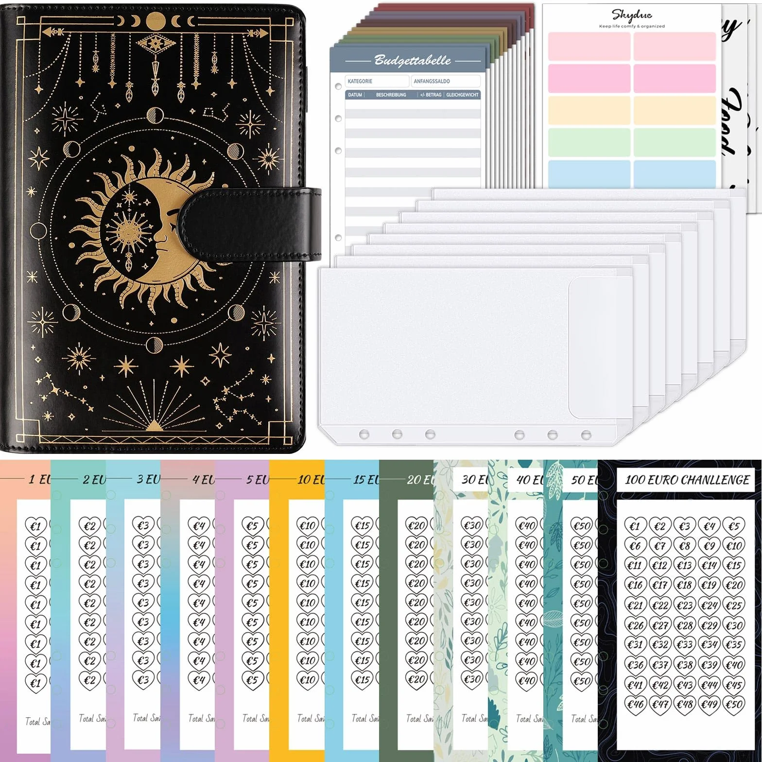 SKYDUE Archivador de anillas A6, agenda de anillas con 100 sobres Challenge, carpeta de presupuesto, carpeta presupuestaria, agenda porta dinero, presupuesto planificador con sobres (adivinación)