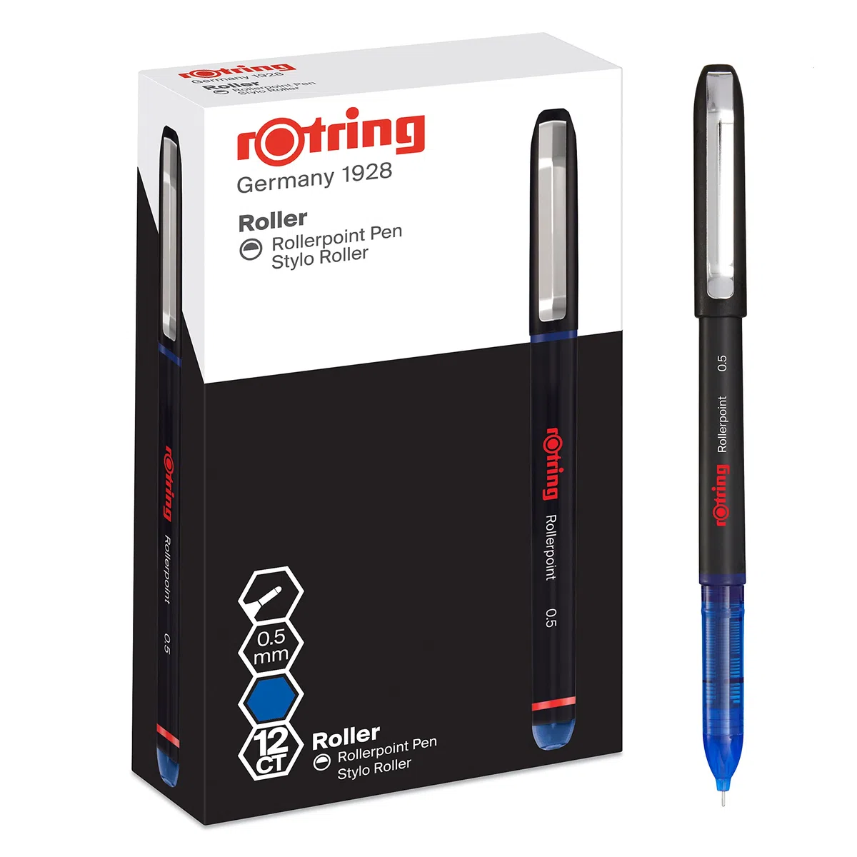 rOtring bolígrafo roller | punta de aguja (0,5 mm) para una escritura precisa | tinta azul | 12 unidades