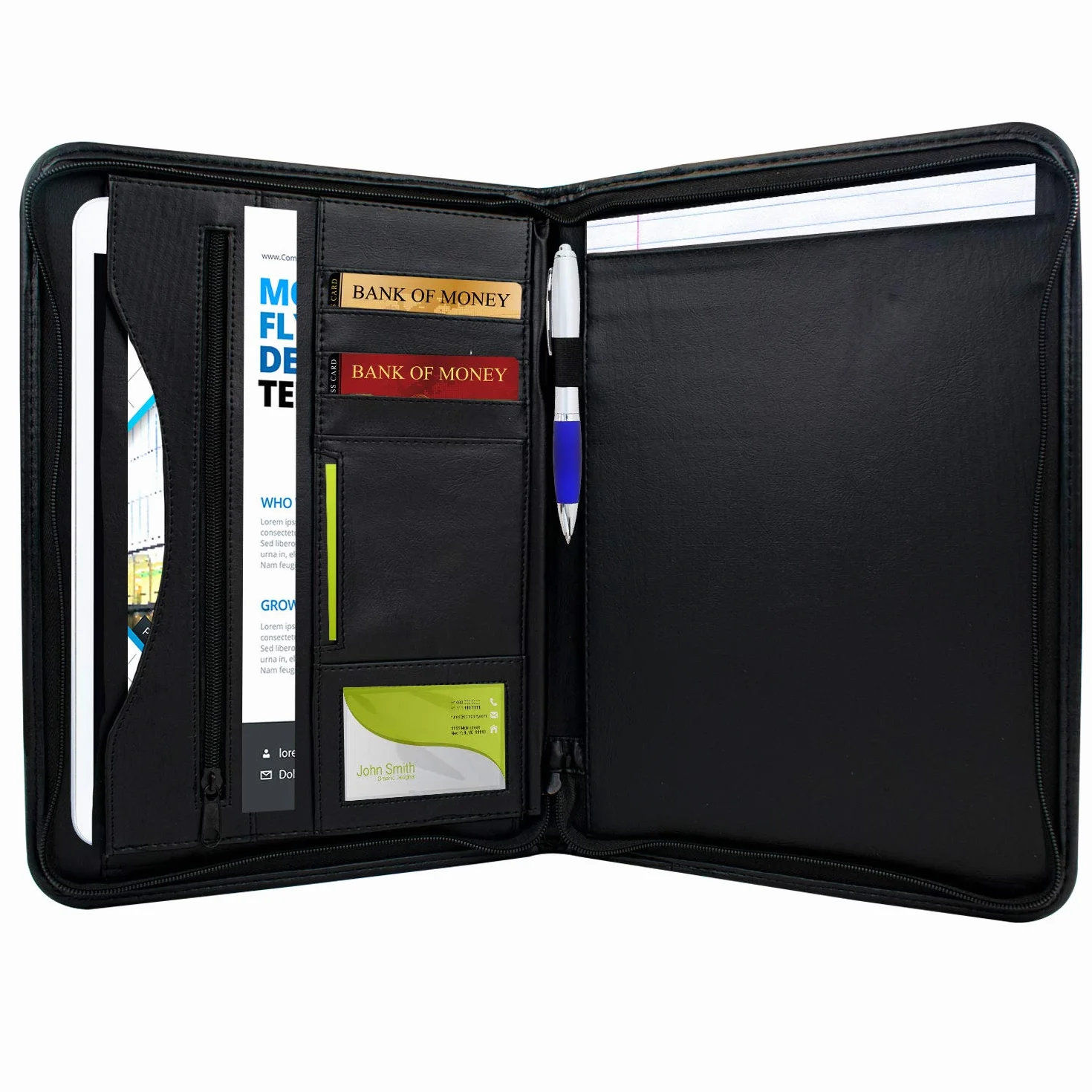 TRIXES - Carpeta Organizadora de archivos para conferencia - Perfecta para escritorios de oficinas - Carpeta de documentos A4 - A Cremallera - Efecto de piel - Color negro