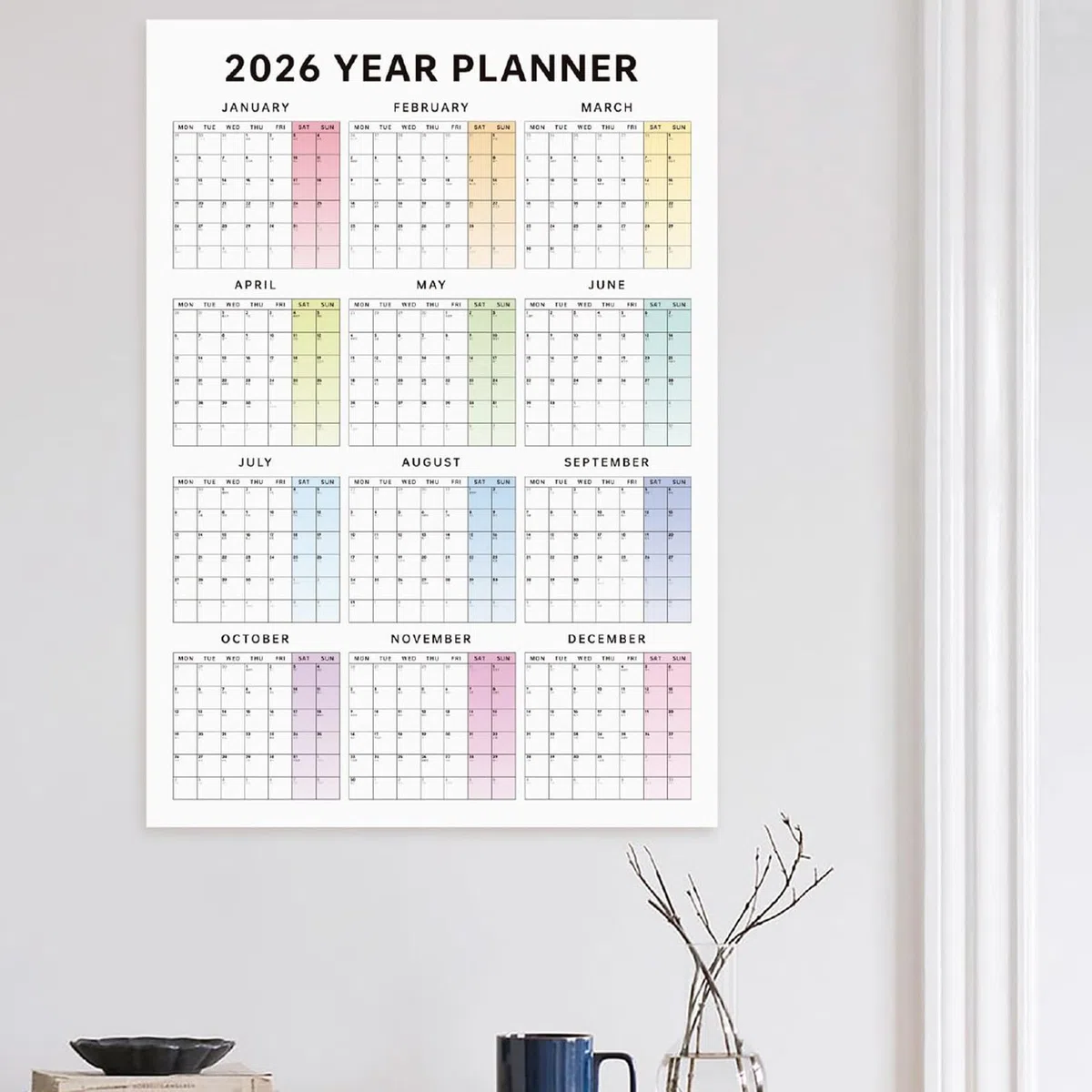 Calendario anual de pared 2026, calendario de pared anual 2026, 29.5 x 20.8 pulgadas (abierto), papel vertical de año completo, planificador mensual familiar para organización y planificación