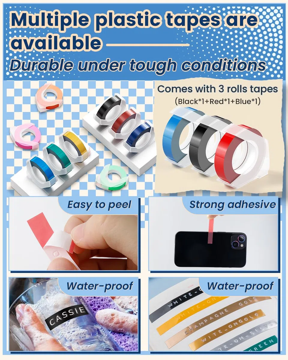 Memoking Máquina etiquetadora de estampen Relieve E975 3D Embossed Label Printer Machine with 3 Rolls Emboss Tapes, Labelling Machine, for Home Organization, DIY Crafting, Regalo (£/€, Ä, Ö, Ü)