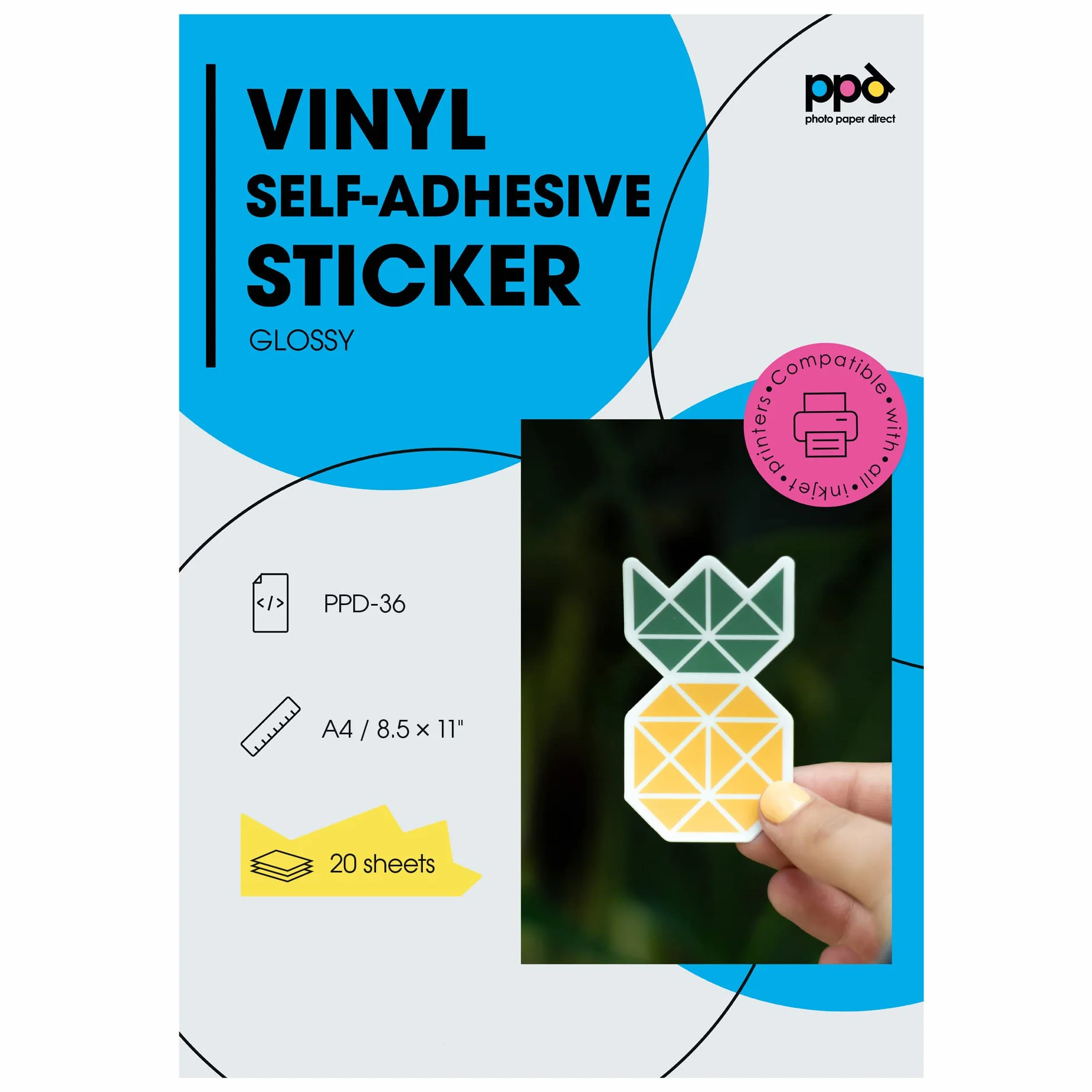 PPD Inkjet - A4 x 20 Pegatinas de Vinilo Autoadhesivo Brillante Imprimible de Grado Comercial - Calidad Fotográfica y A Prueba de Desgarro - Para Impresora de Inyección de Tinta - PPD-36-20