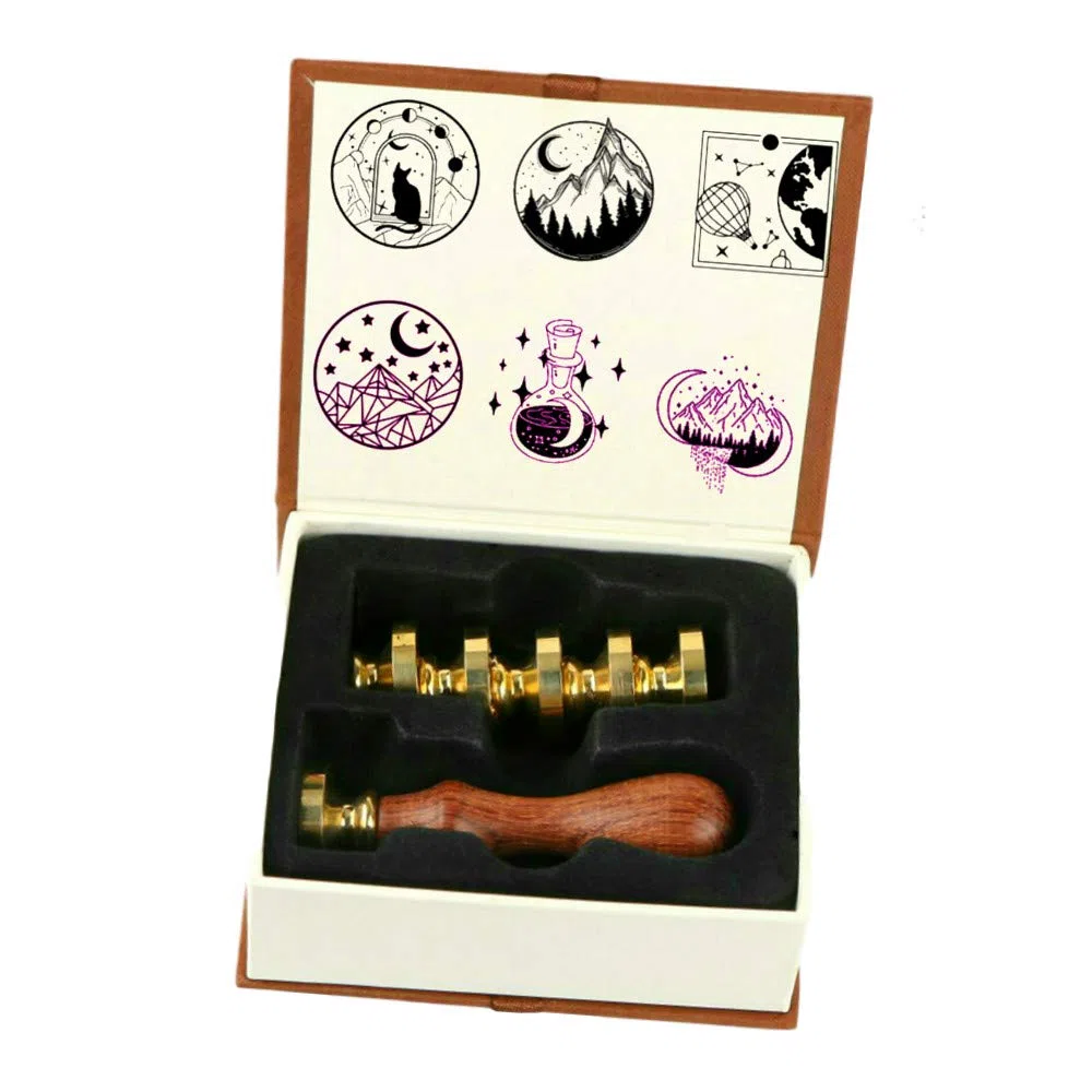 Juego de sellos de cera para gato luna, anbose, incluye 6 sellos de cera con estrella de la luna, sellos de cera de montaña, sellos de cobre + 1 mechón de madera, kit de sello de cera de sellado para