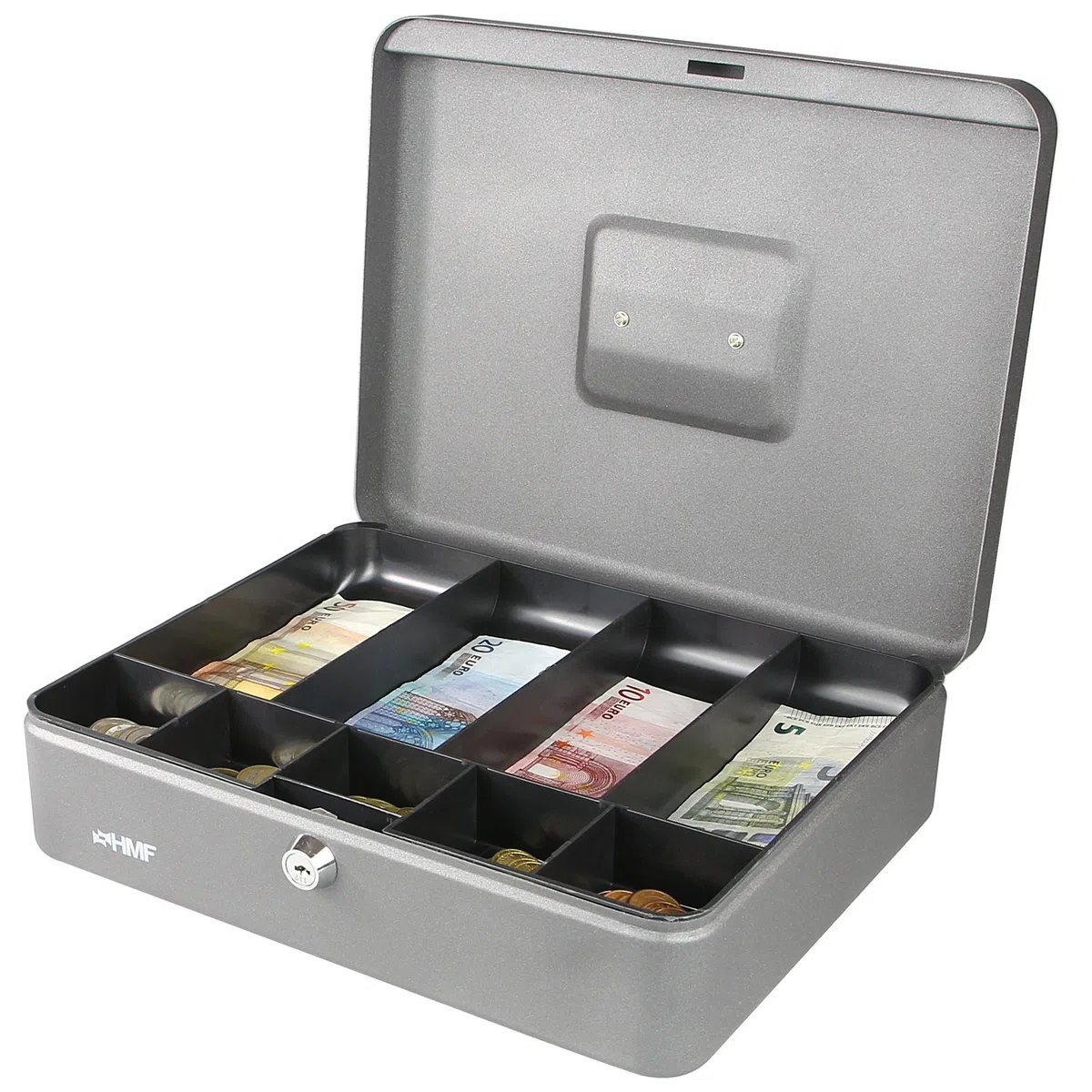 HMF 10019-09 Caja de caudales con compartimientos para monedas y billetes 30 x 24 x 9 cm, plata