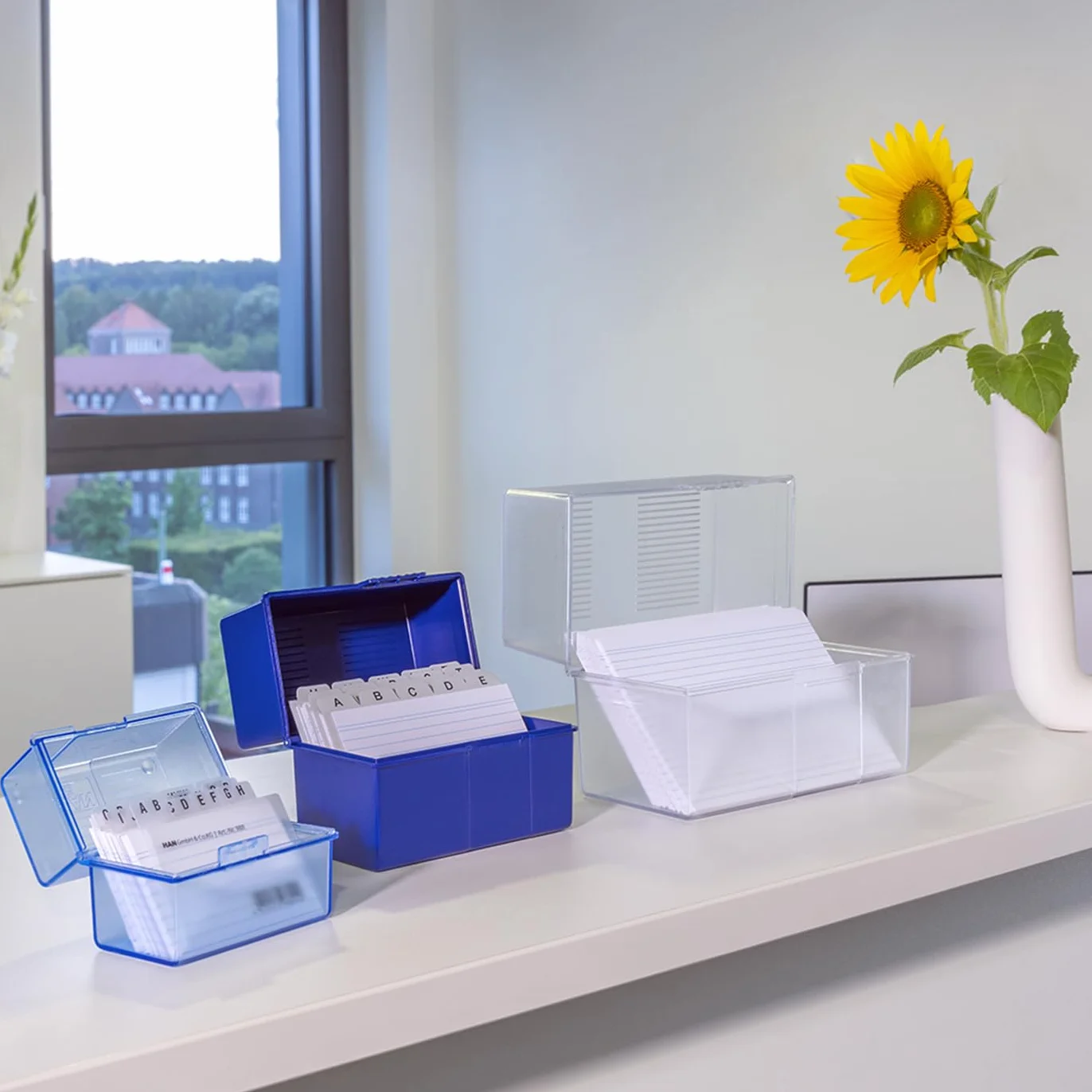 HAN Caja para fichas DIN A5 horizontal para 450 tarjetas con bisagra de acero, color azul