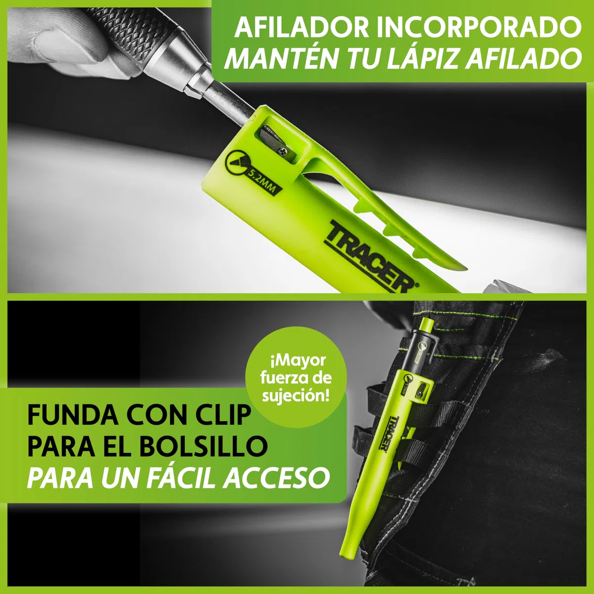 Tracer Tough Pencil - Lápiz de carpintero resistente con funda para sitio, mina de 5,2 mm de dureza y alta visibilidad. Lápiz de trabajo para constructores, carpinteros y marcas de construcción