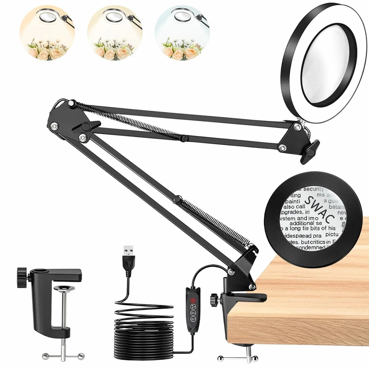 TANYO 10X Lupa con Luz, 72 LED Lupas de Gran Aumento con Luz, 5 Temperaturas de Color y 10 Niveles de Brillo Lámpara Escritorio, Lámpara de Aumento para Mayores, Niños, Lectura, Manualidades