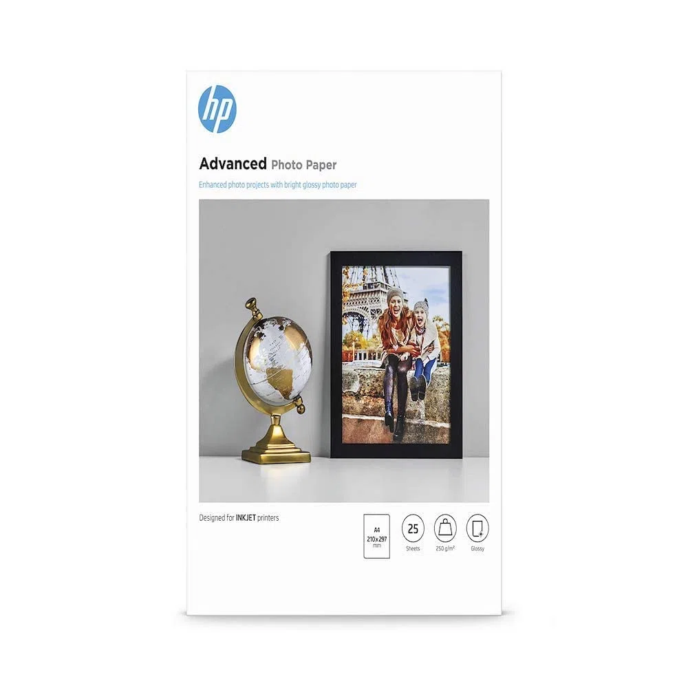 HP Advanced Glossy Photo Paper, Q5456A, 25 Hojas de Papel fotográfico Satinado avanzado, Compatible con impresoras de inyección de Tinta, A4, Peso del Material de impresión 250 g/m²