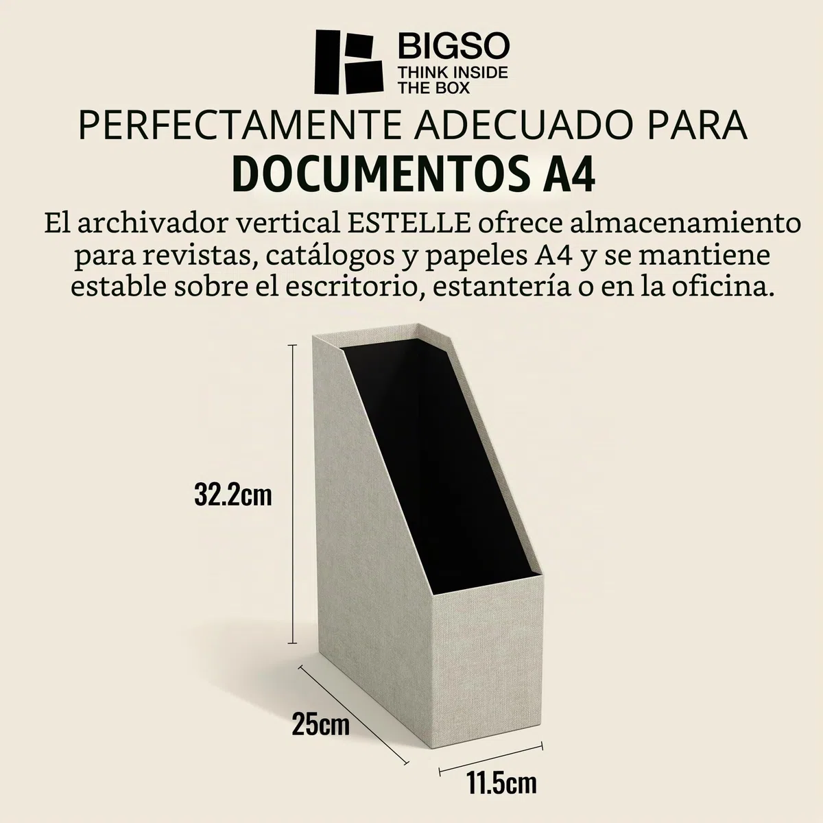 Bigso Box of Sweden Archivador vertical para periódicos, revistas o actas – Práctica caja clasificadora de tablero de fibras y papel con aspecto de lino – Revistero archivador rígido y con asa – beige