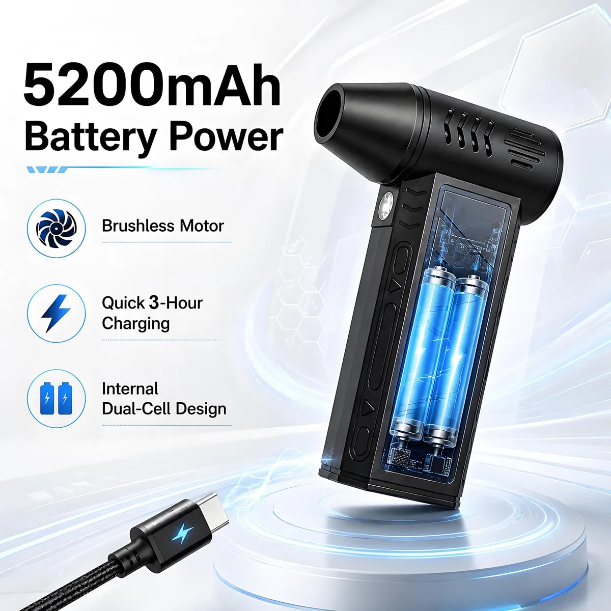Soplador de polvo eléctrico, 150000 rpm, altura de velocidad, mini 2 en 1 con batería de 5200 mAh, juego de limpieza para teclado, ordenador, luz LED, coche, hogar, sofá, etc