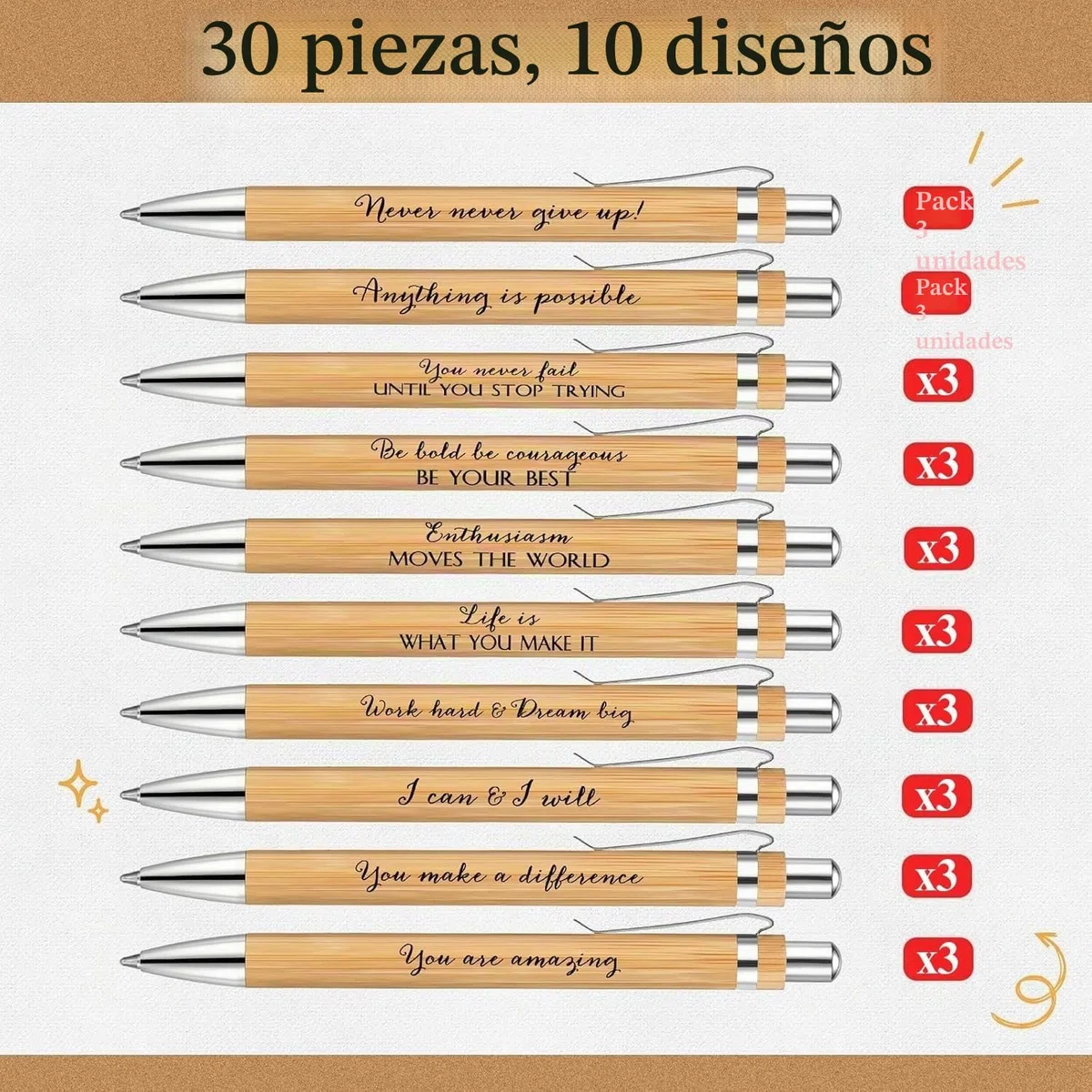LATERN 30 Piezas Bolígrafos Inspiradores, 14CM Bolígrafo de Bambú con Citas Motivacionales Bolígrafos Retráctiles con Punta de Tinta Negra para Oficina Suministros Regalos (10 Estilos Positivos)