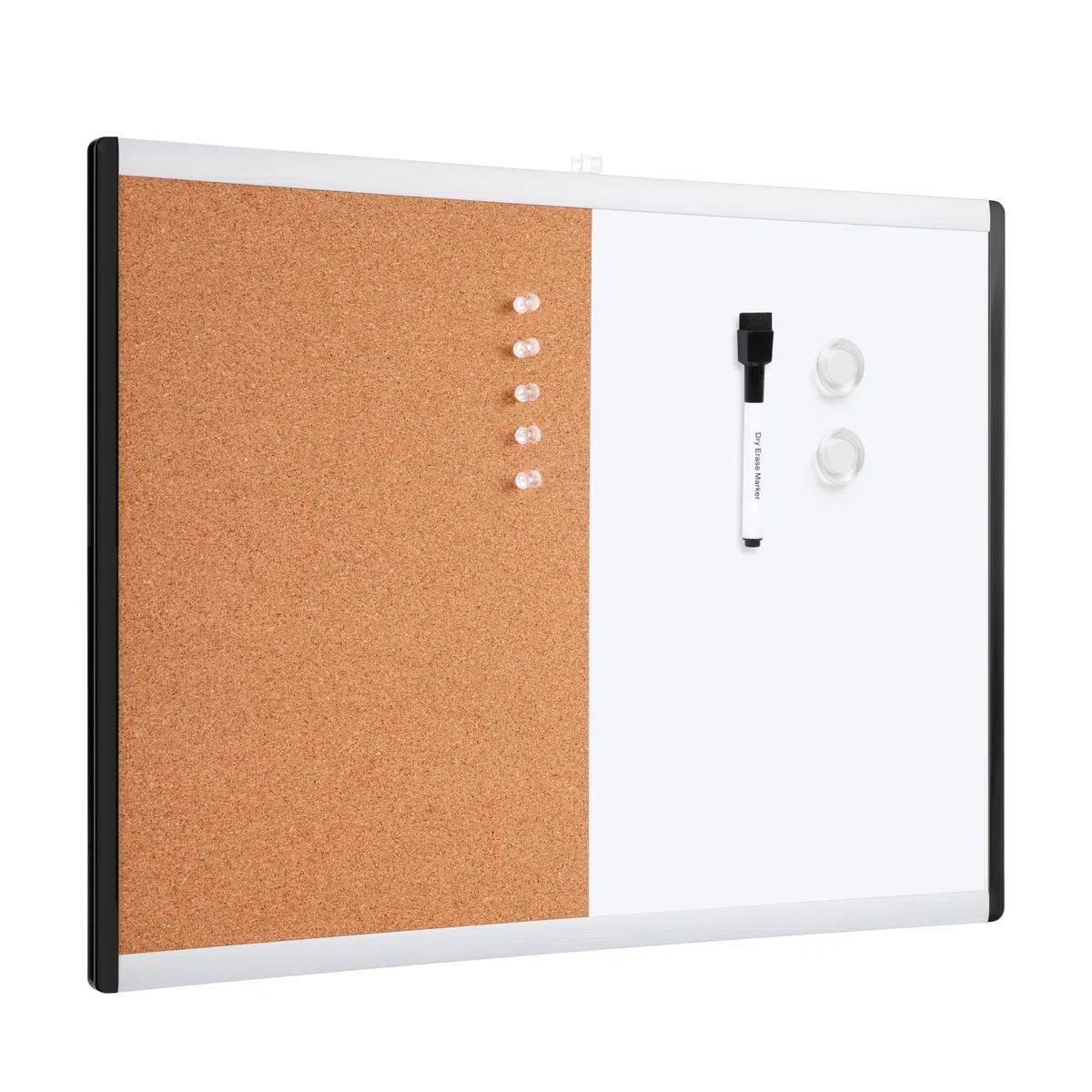 Amazon Basics Rectangular Pizarra magnética de borrado en seco y tablón de corcho 2 en 1, bastidor de aluminio y plástico, 1 unidad, Blanco, amarillo, 58 x 43 cm