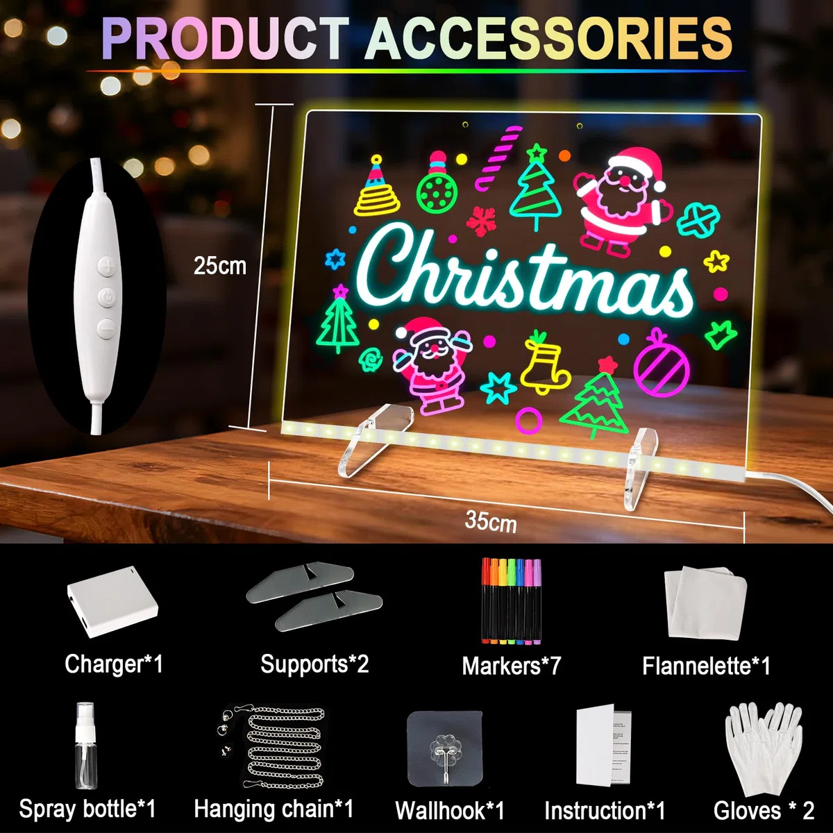 LURICO 35x25cm Tablero Acrílico Luminoso con Mensaje LED, Pizarra de Escritura de Acrílico luces en 4 modos y 7 colores Tablero de Notas LED Limpiable 7 Colores Bolígrafo, para Niños, Adultos