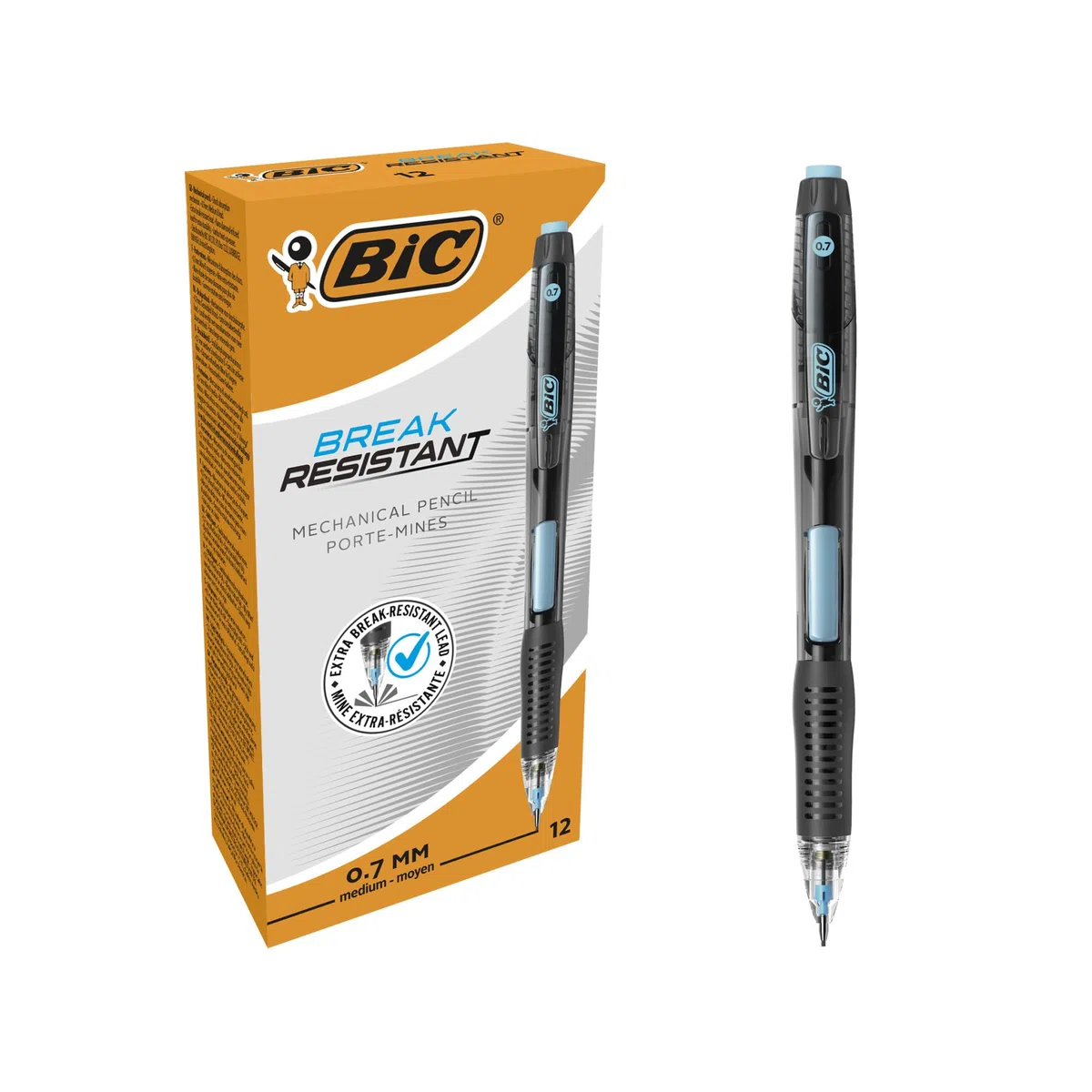 BIC Break Resistant Portaminas con Goma de Borrar Giratoria y Mina de Nanodiamante - Caja de 12