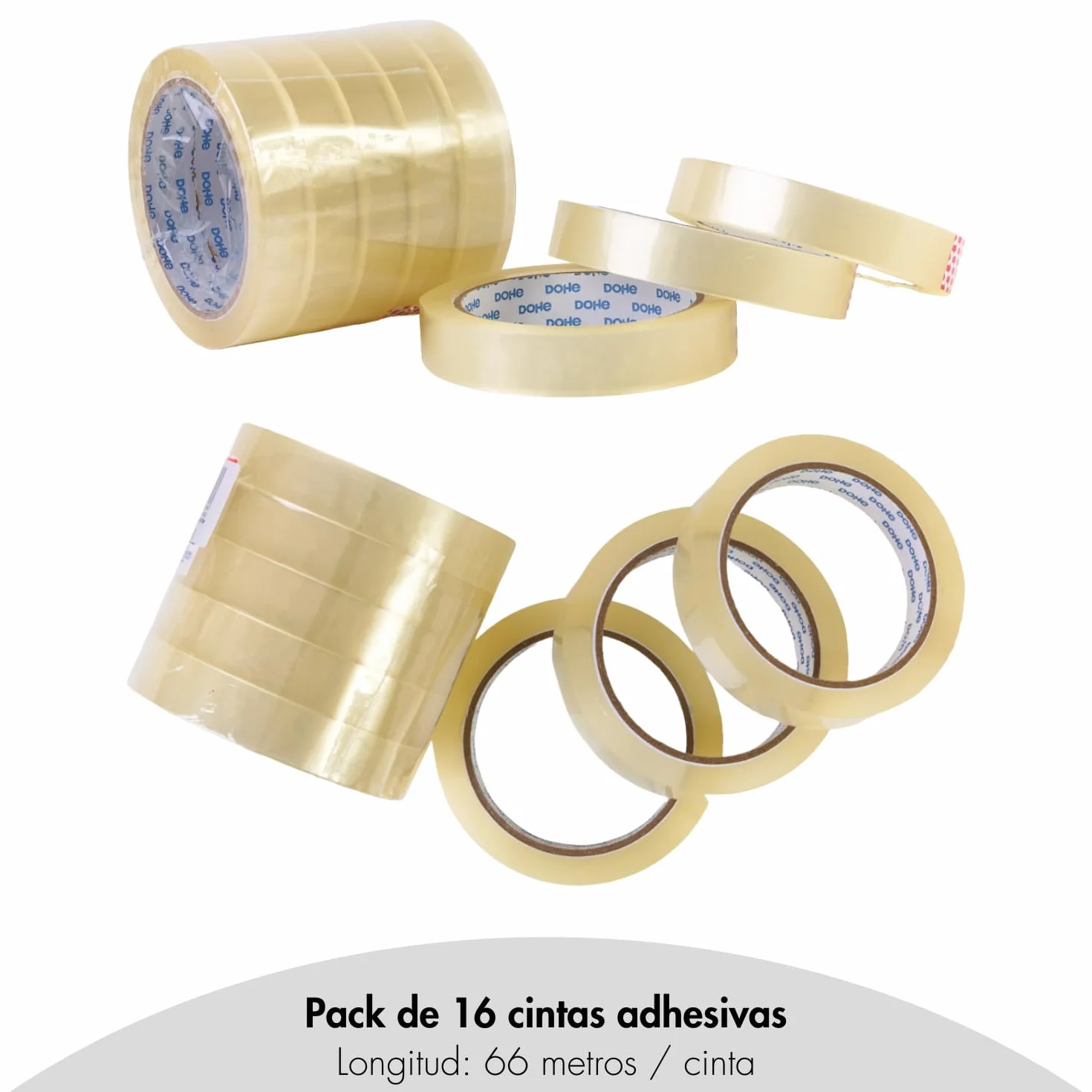 Dohe - Cinta Adhesiva Transparente (16 uds.) - 1,9 cm x 66 m, Precinto para Embalar Cajas, Envíos o Mudanzas, Potente Adhesivo de 45 micras - Material de oficina