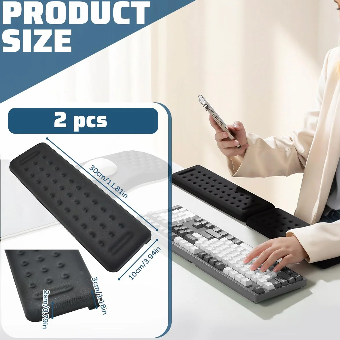2 Piezas Reposamuñecas Teclado Ergonómico, Reposamuñecas y Codos con Soporte de Escritorio en L Reposa Muñecas de Espuma Viscoelástica para Oficina Gaming (Negro)