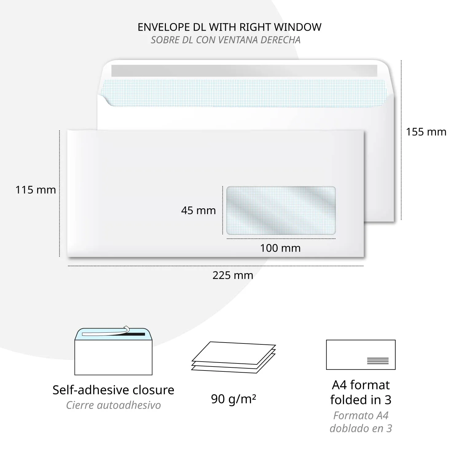 Sobres de papel blanco americano, sobres DL (115 x 225 mm) con ventana derecha, sobres de papel blanco para cartas, sobres de papel de 90 g/m2, cierre autoadhesivo - Ofituria (100 unidades)