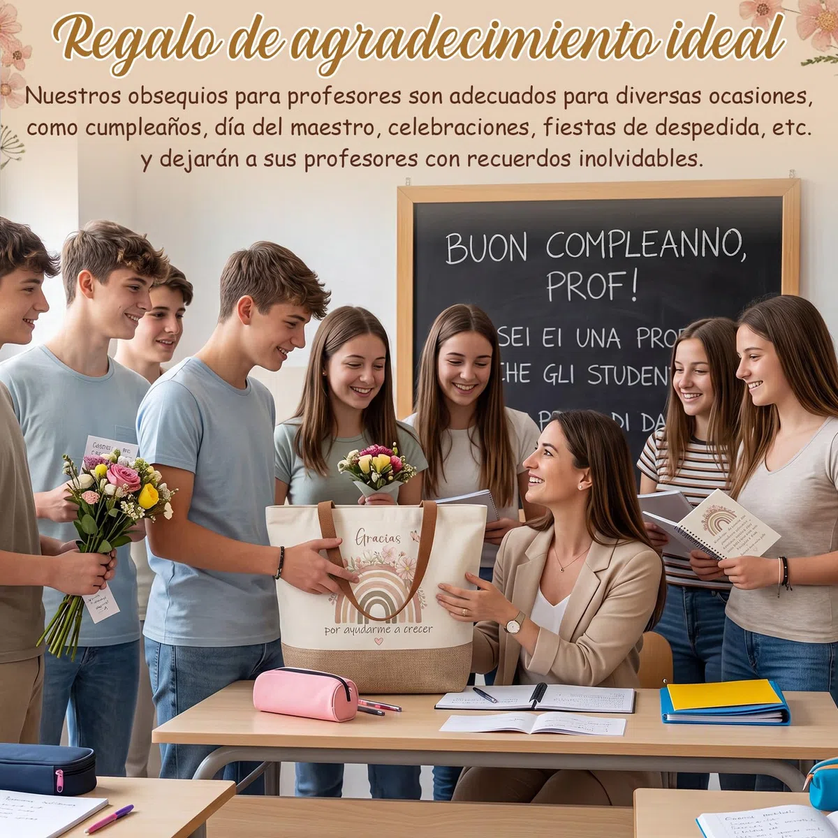 Hestya 3 Piezas Regalo de Agradecimiento para Maestras, Bolso de Tela, Cuaderno y Bolígrafo, Regalo para Profesora en Final del Semestre, Fin de Curso, Graduación, Cumpleaños y Navidad (Arcoíris)