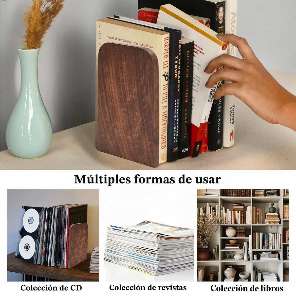 Sujetalibros de Madera 2 Piezas (1 par)- Sujeta Libros - 17 x 12 x 10,5 cm (Madera de Nogal-a, 17 x 12 x 10,5 cm)