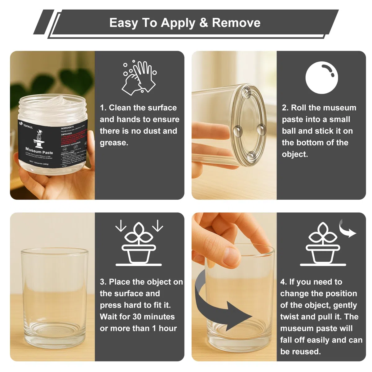 1DFAUL 12 oz Gel transparente de museo, cera de masilla de museo transparente, extraíble, reutilizable y sin residuos, colección fija artefactos y decoraciones para evitar vibraciones y caídas
