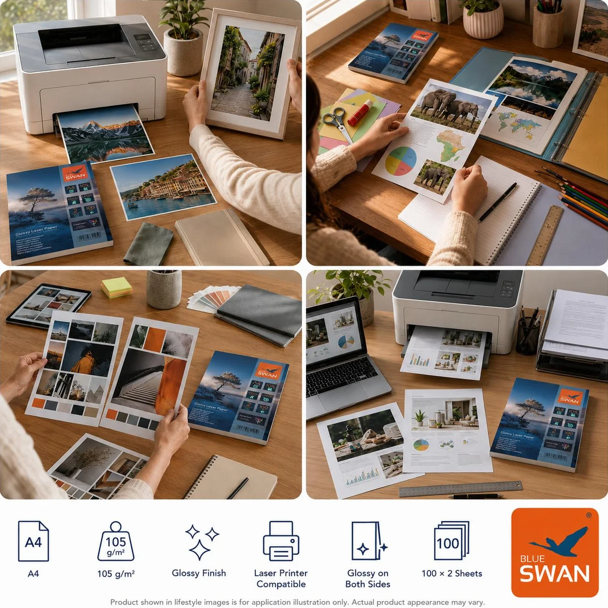 BLUE SWAN Papel láser fotográfico A4, 105 g/m², 200 hojas, brillo doble cara, papel glossy para flyers y folletos, para impresoras láser y fotocopiadoras en color