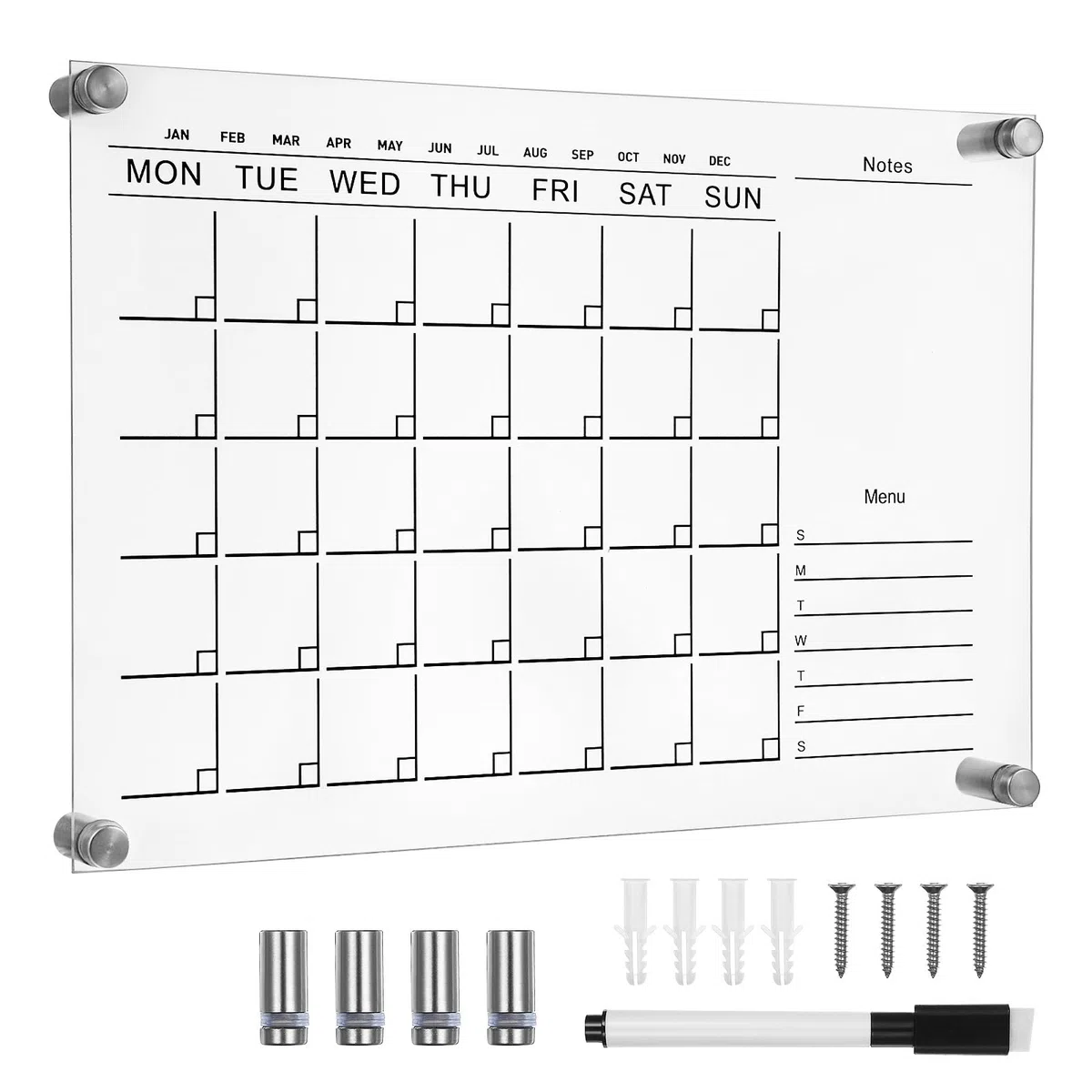 MERRYHAPY Pizarra Acrílica Borrable Transparente Tamaño S para Mensajes 4 Chinchetas y Marcador de Tiza, Tablero de Notas Creativo para Oficina y Estudiantes, Planificador Semanal de Pared