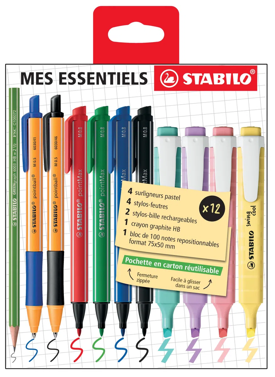 STABILO - My Essential – Set escuela y oficina – Estuche con 12 productos: 4 swing cool pastel, 4 pointMax, 2 pointball, 1 Greengraph, 1 bloc de hojas adhesivas