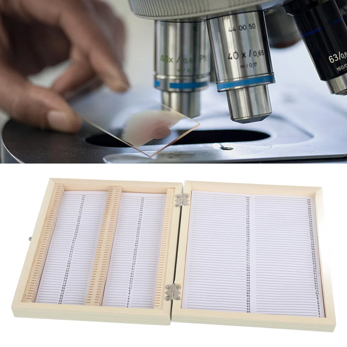 Caja de almacenamiento de diapositivas de madera preparada profesional, 100 unidades, caja de vidrio para niños, estudiantes, hogar, escuela, educación básica en ciencias