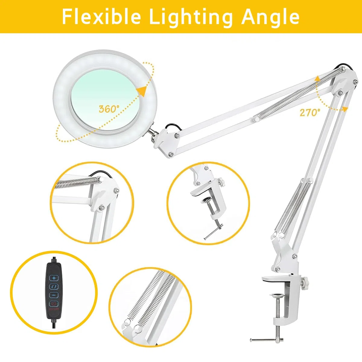 Lámpara de mesa con lupa 10X, 72 LED, 3 modos de color, 10 niveles de brillo, brazo giratorio ajustable pinza metálica, ideal para manicura, tatuaje y lectura -Blanco