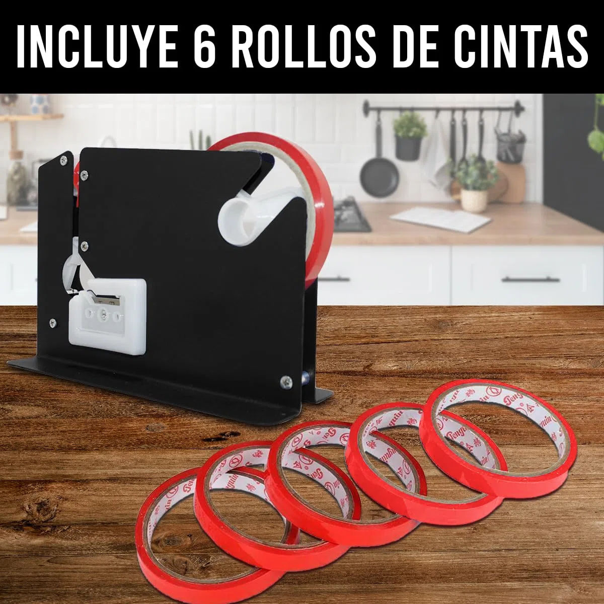 Sellador de Bolsas con Cinta PVC; Adecuado para embalar: frutas, verduras, carne, ancho de cinta hasta 12 mm + ¡6 rollos gratis (Negro)