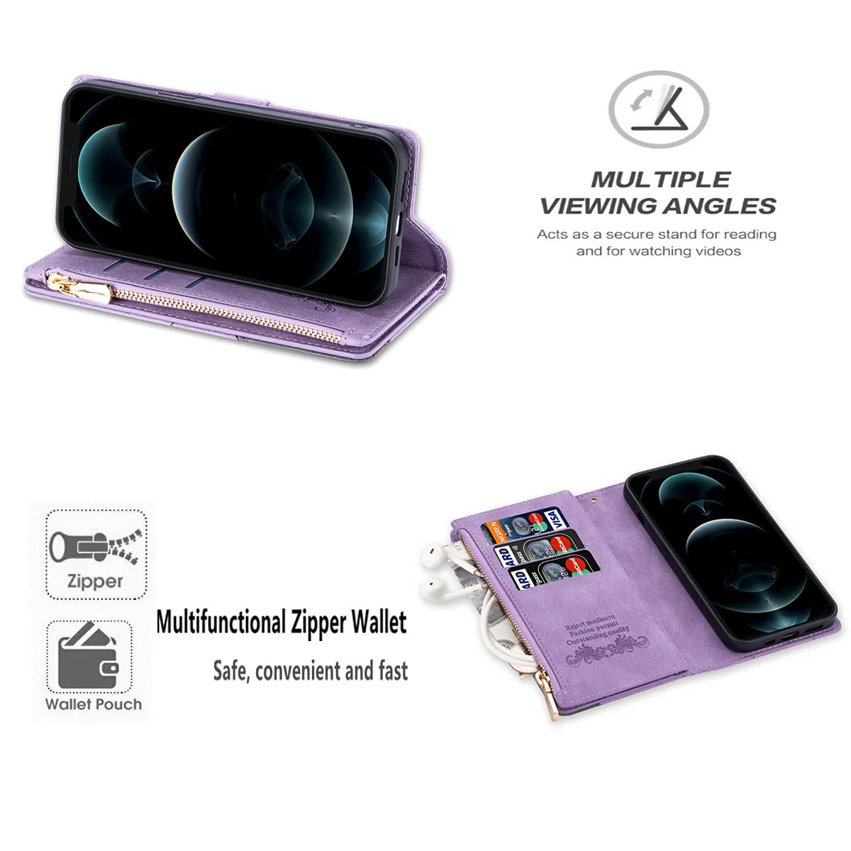UEEBAI Estuche para iPhone 13 Pro 6.1 Inch, Cartera con Correa de Mano Cuero PU Funda Tapa Retro a Prueba de Golpes con 9 Ranuras para Tarjetas Función de Soporte Bolso Magnético - Diamante Violeta