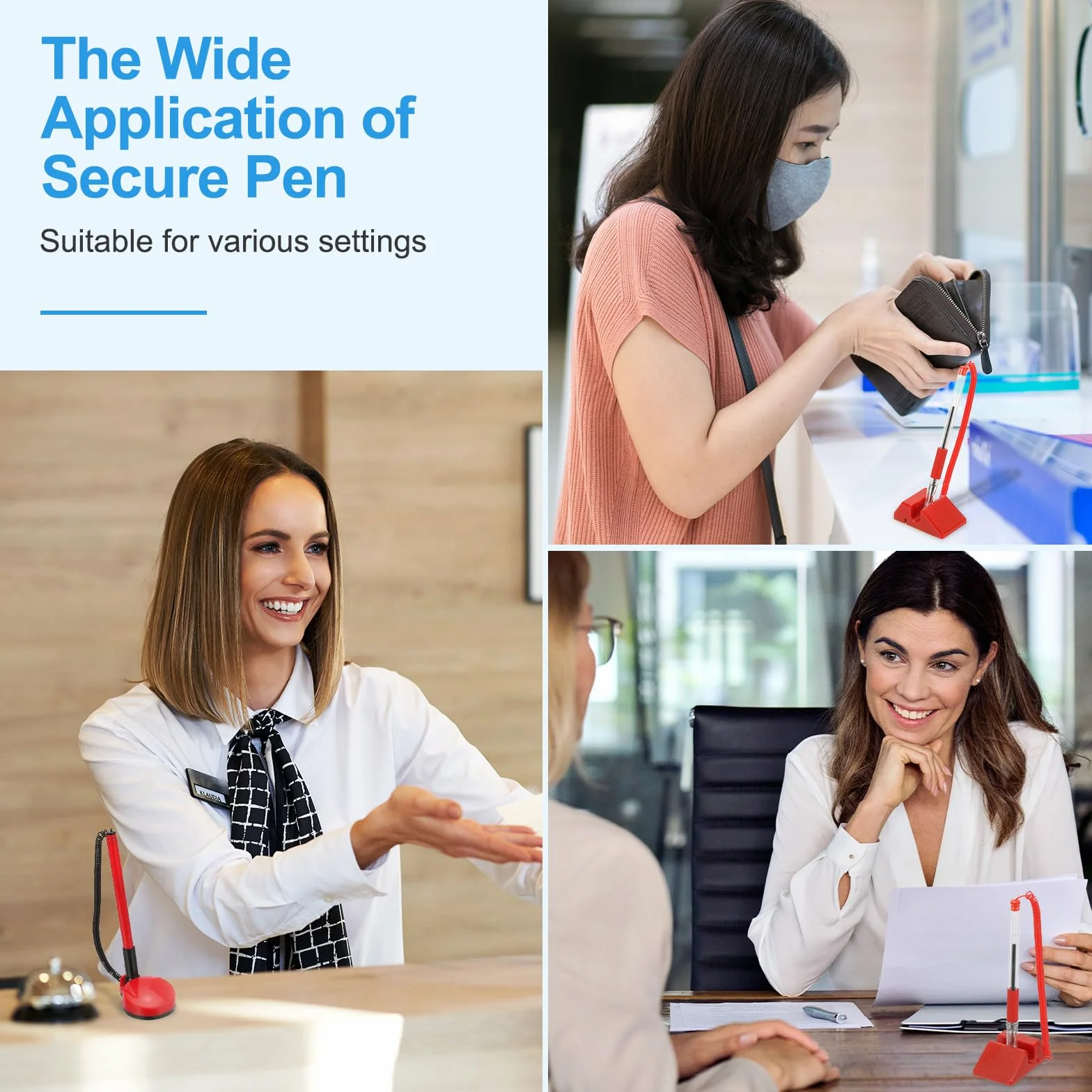 PATIKIL 4 Pcs Bolígrafo Seguro Con Cadena Adhesiva Y Soporte Para Bolígrafo De Seguridad, Bolígrafos De Recepción Para Escritorio Recambios De Tinta Negra, Azul Oscuro