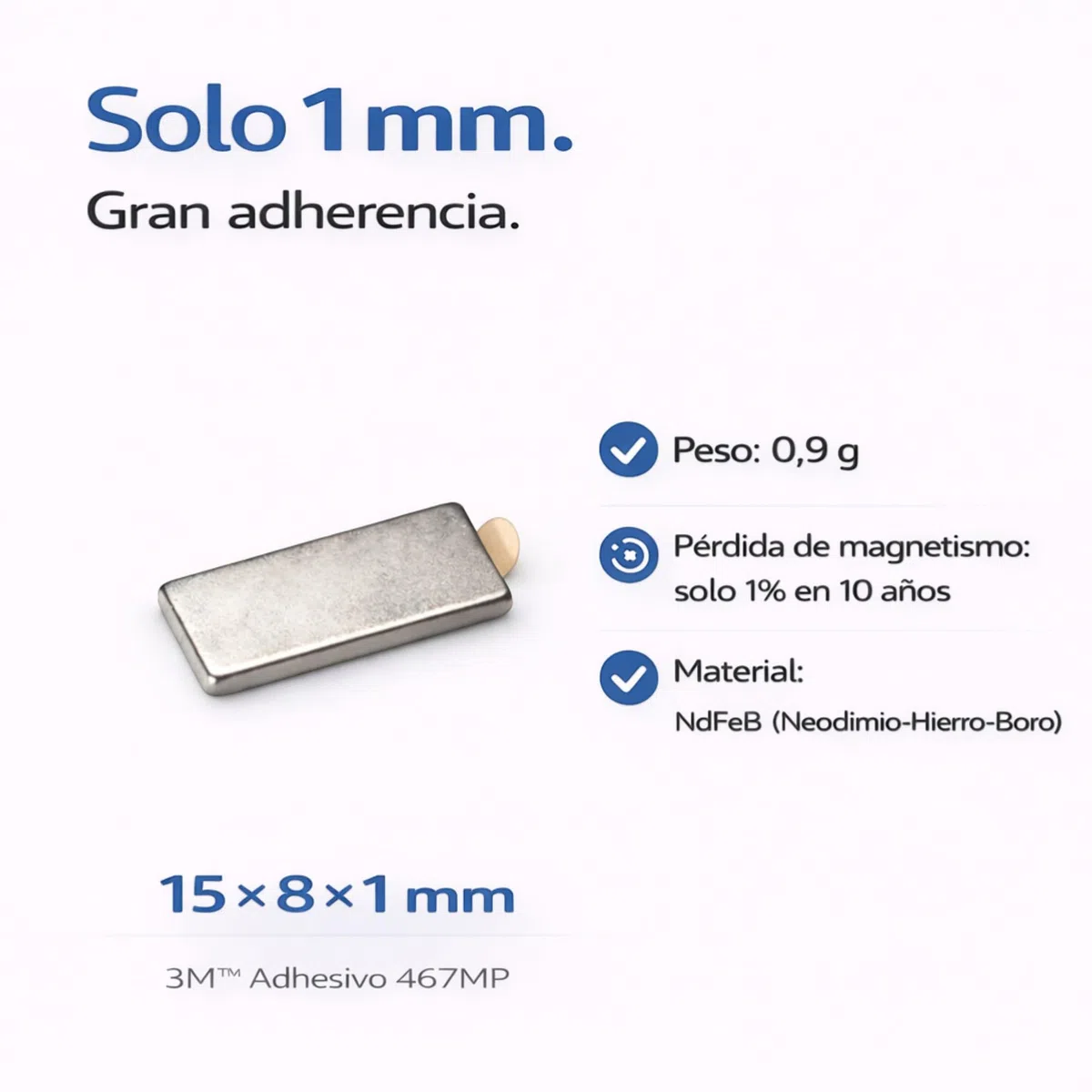 Imanes de Neodimio Autoadhesivos 15x8x1 mm | Paquete de 20 Imanes Fuertes y Duraderos para Pizarras, Manualidades y Organización