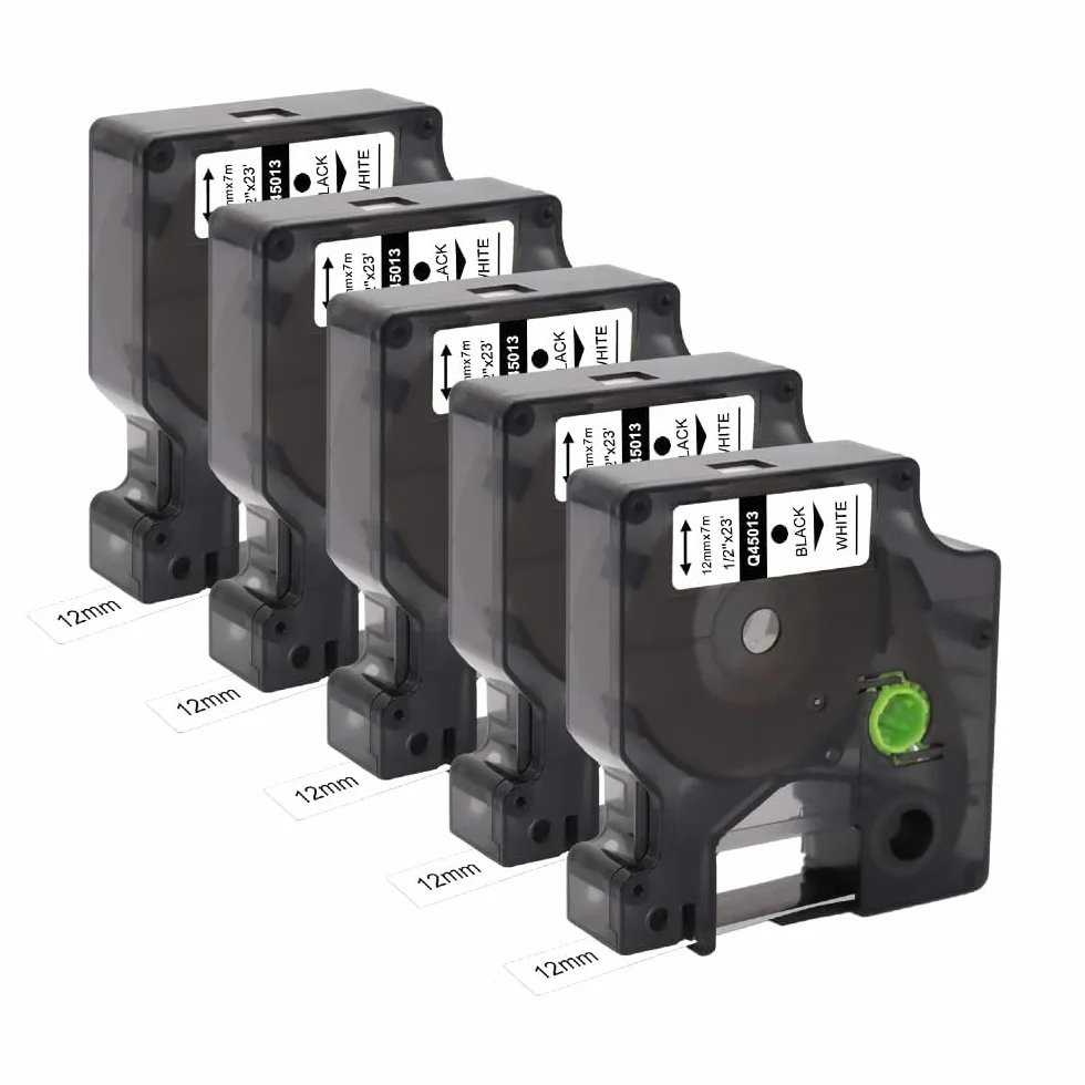45013, paquete de 5 unidades, son etiquetas Dymo D1 45013s de 12 mm x 7 m, con fondo blanco y letras negras. Son compatibles con Dymo LabelManager 160, 210D, LM280 y 420P.