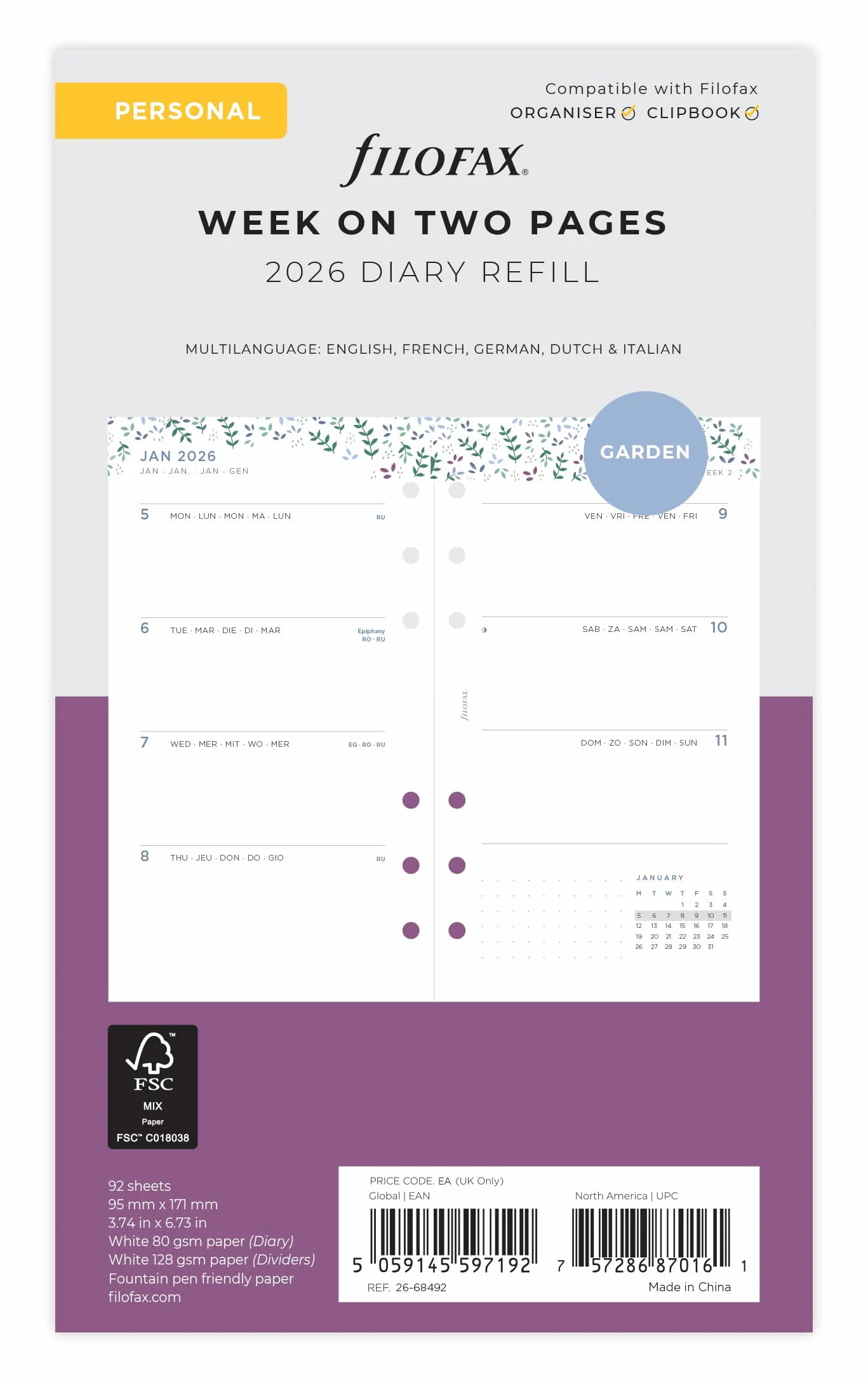 Filofax Personal Garden 26-68492 - Agenda semanal 2026 en 5 idiomas