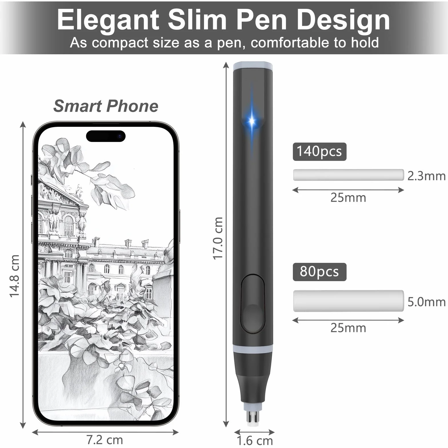 Cuteefun Borrador Eléctrico Recargable USB C con 220 Recambios, 2 Tamaños, Negro para Artistas Estudiantes