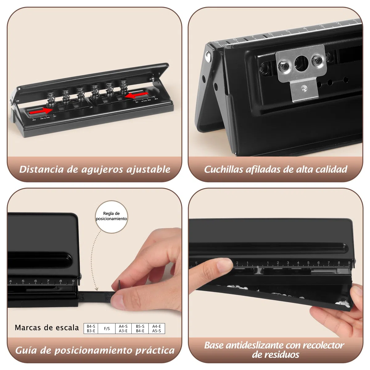 Perforadora de 6 Agujeros de Metal Ajustable, A5, A6, A7, 6 Agujeros, con Marcador de Posicionamiento, 6 Hojas de Capacidad, Para Planificador, Personal, Agenda (Negro)