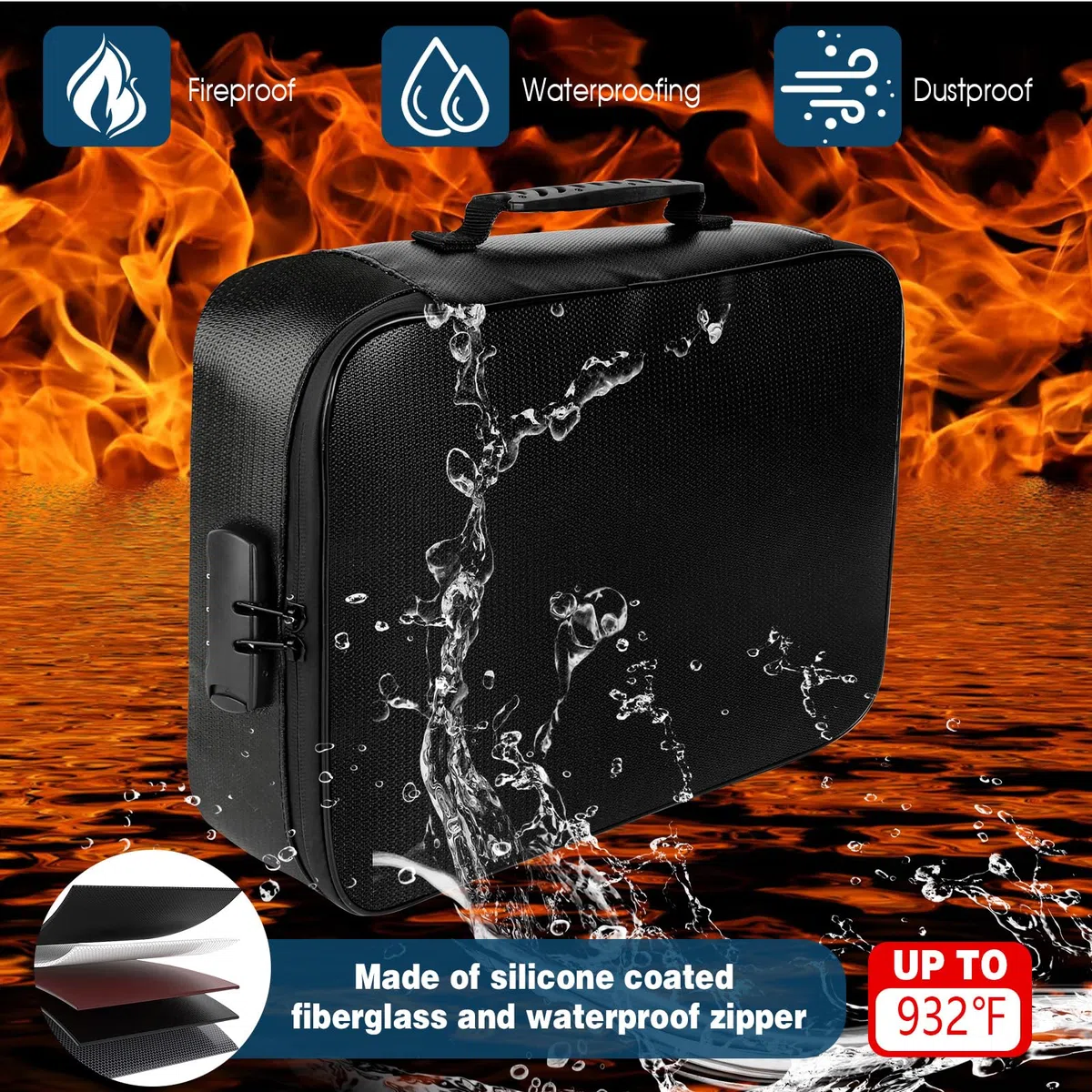 Bolsa de Documentos Ignífuga e Impermeable, Caja de Documentos Ignífuga con Cerradura y Doble Cremallera, Bolsa para Documentos de Gran Capacidad para Pasaportes y Documentos legales(36 * 27 * 10cm)
