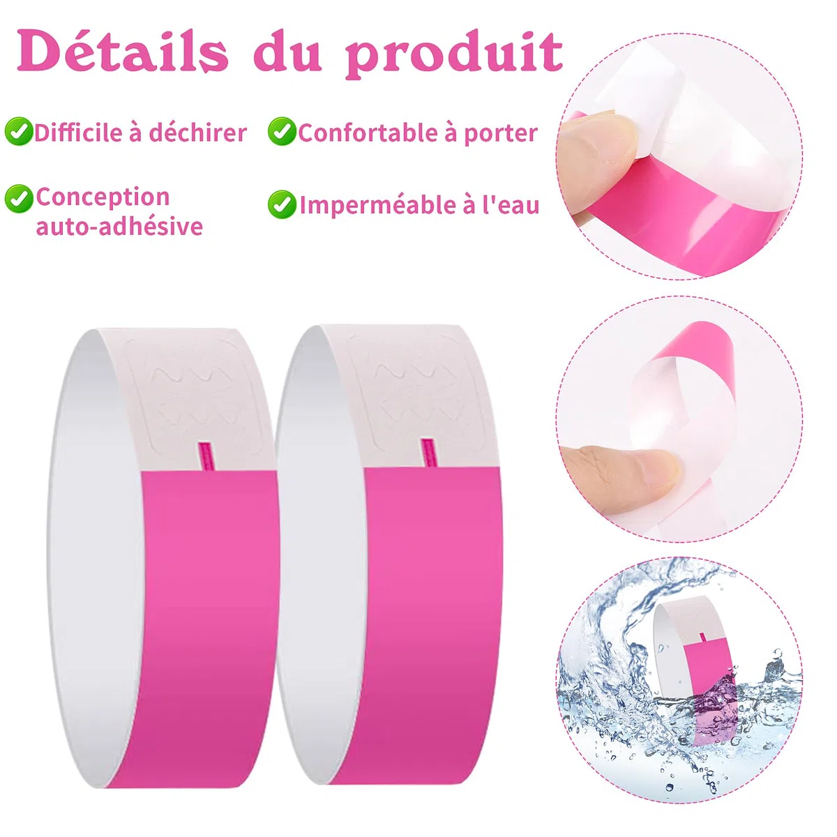 LOMIMOS 700 pulseras de papel, pulseras de identificación impermeables, pulseras impermeables, pulsera rosa de fiesta para festival de música entrada eventos clubes concierto