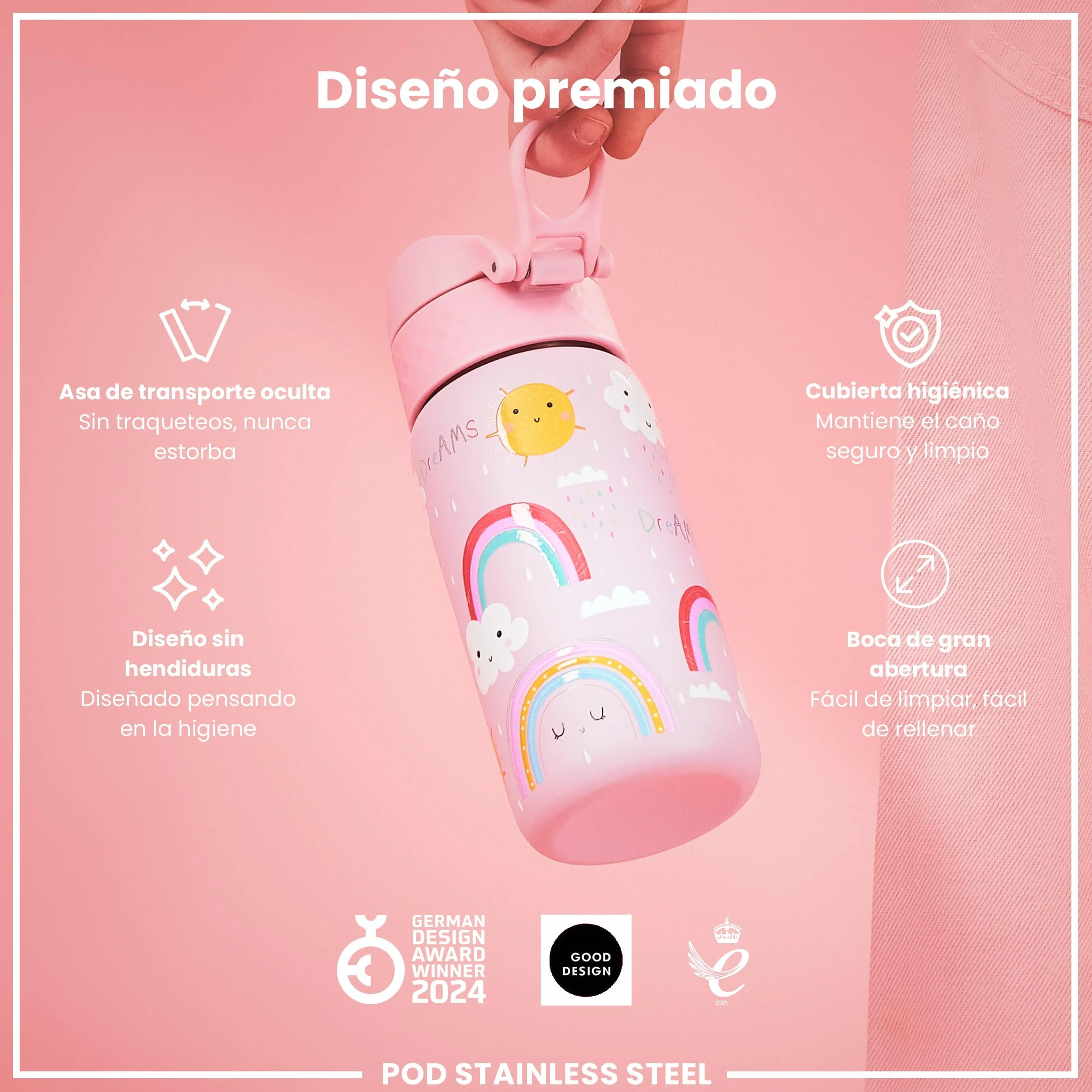 ion8 Botella Agua Inox Niños 400ml Sin Aislamiento Prueba Fugas Fácil Abrir Cerradura Segura Apta Lavavajillas Tapa Abatible Arcoíris