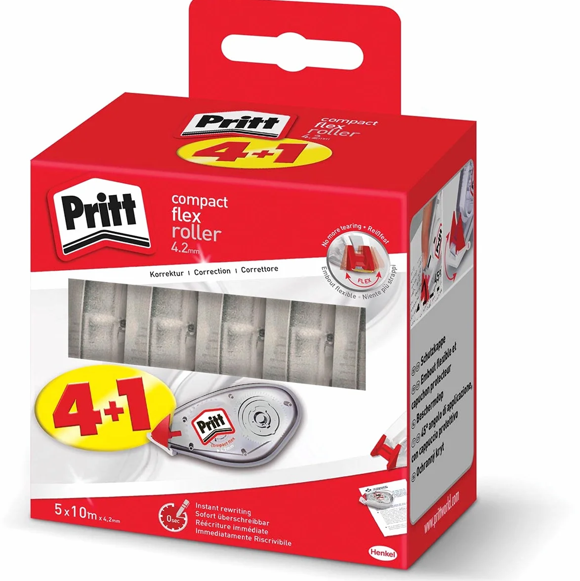 Pritt Compact Flex 2382016 - Rodillo corrector, fácil de usar, con punta flexible, longitud de cinta 10 m, ancho de cinta 4,2 mm, 5 unidades, color blanco
